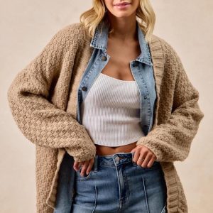 Long Cardigan Sweater With Washed Denim: Jean Patchwork