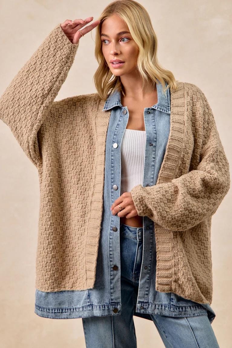 Long Cardigan Sweater With Washed Denim: Jean Patchwork