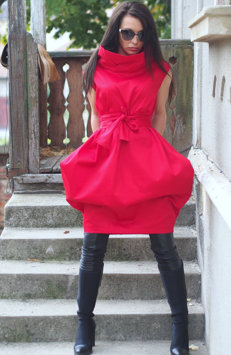 Bold Red Avant Garde Cocoon Dress With Belt