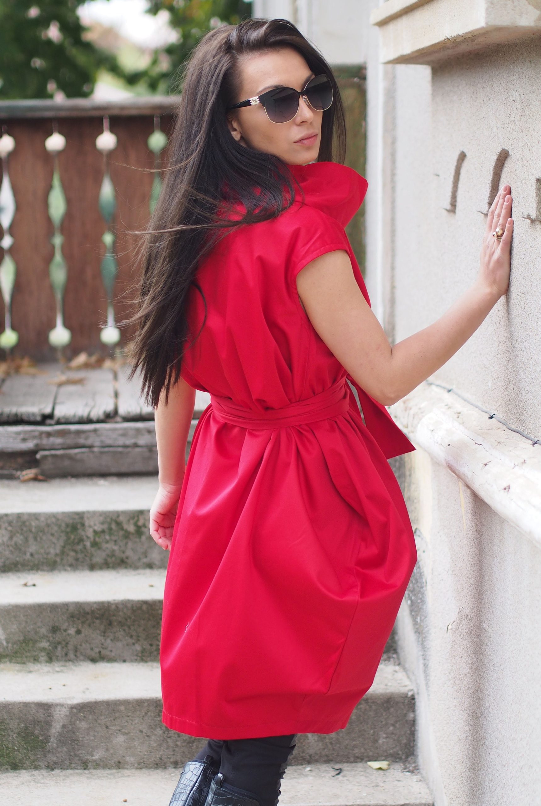 Bold Red Avant Garde Cocoon Dress With Belt