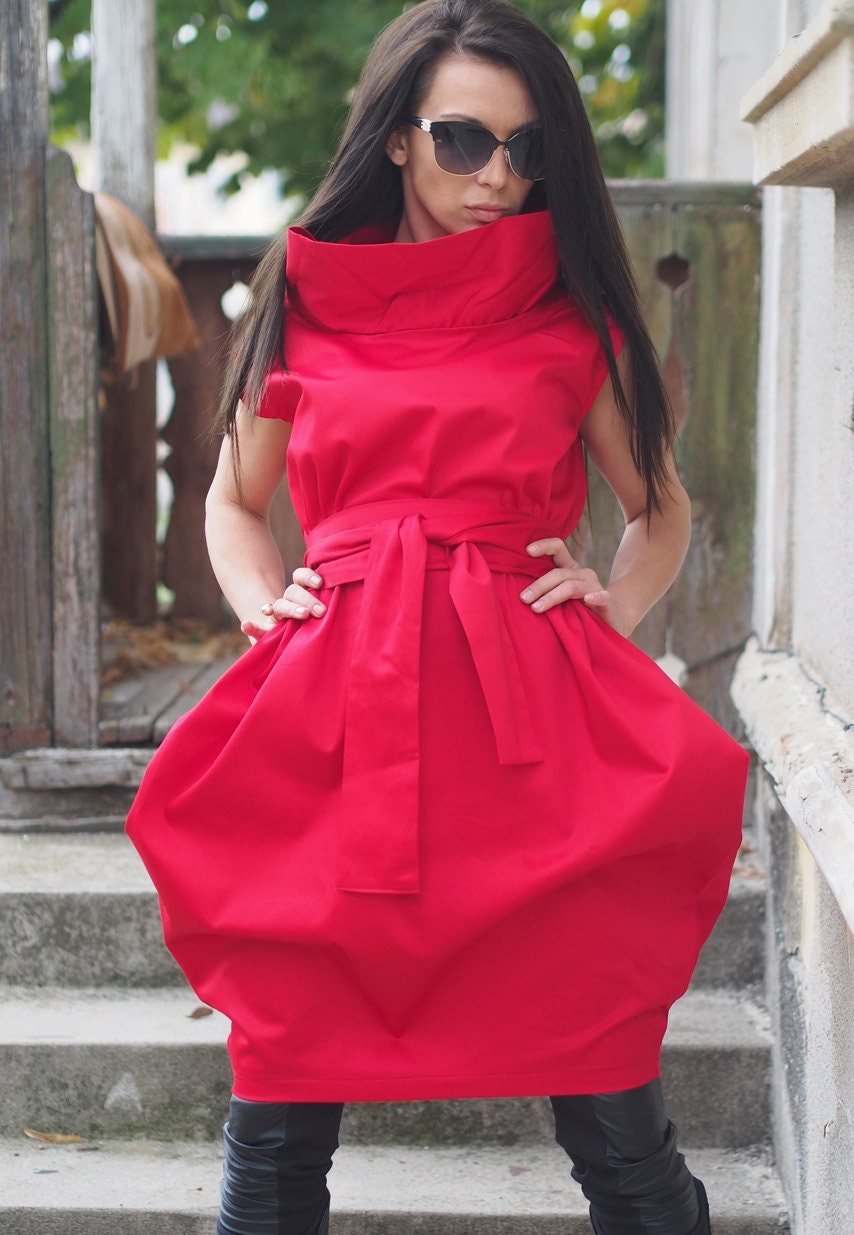 Bold Red Avant Garde Cocoon Dress With Belt