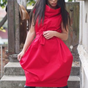 Bold Red Avant Garde Cocoon Dress With Belt