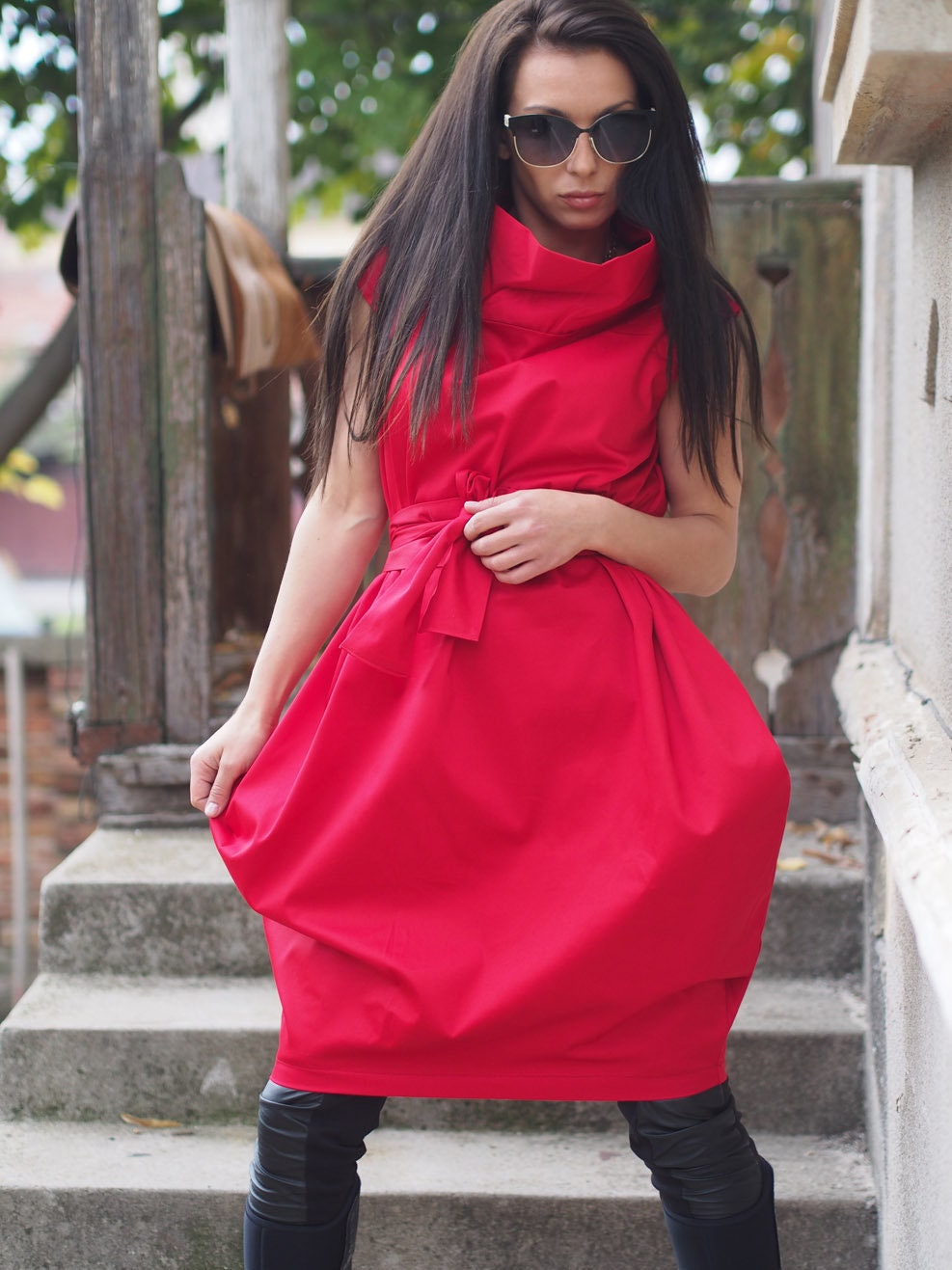 Bold Red Avant Garde Cocoon Dress With Belt