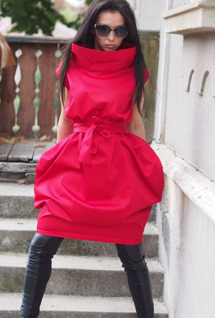 Bold Red Avant Garde Cocoon Dress With Belt