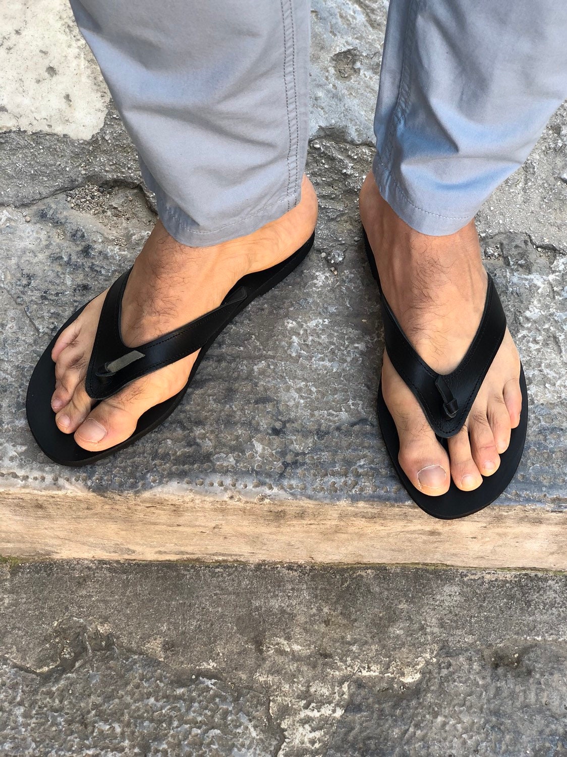 Mens Sandals Leather Flip Flops Handmade Black Summer