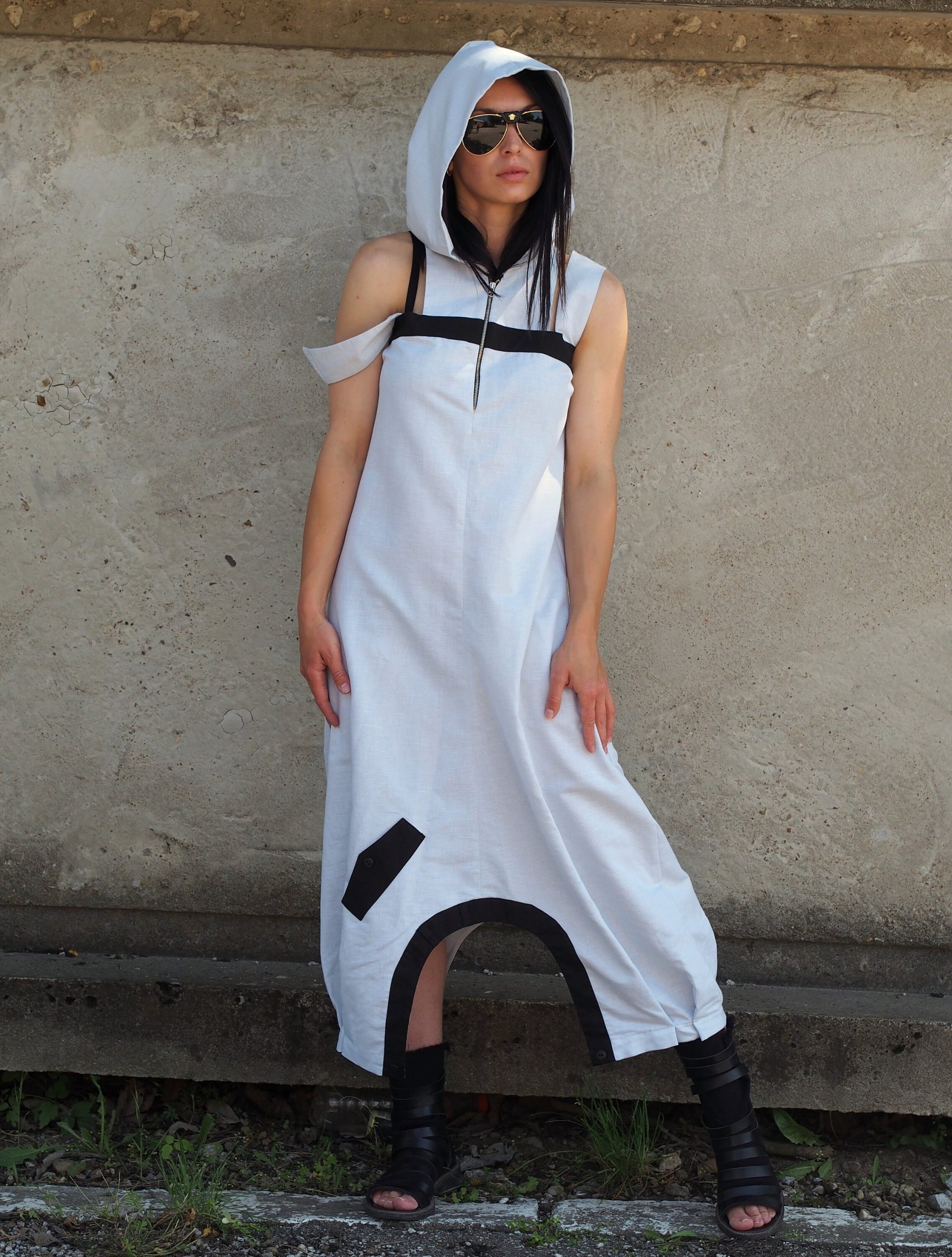 White Hooded Drop Crotch Dress Sleeveless Avant Garde