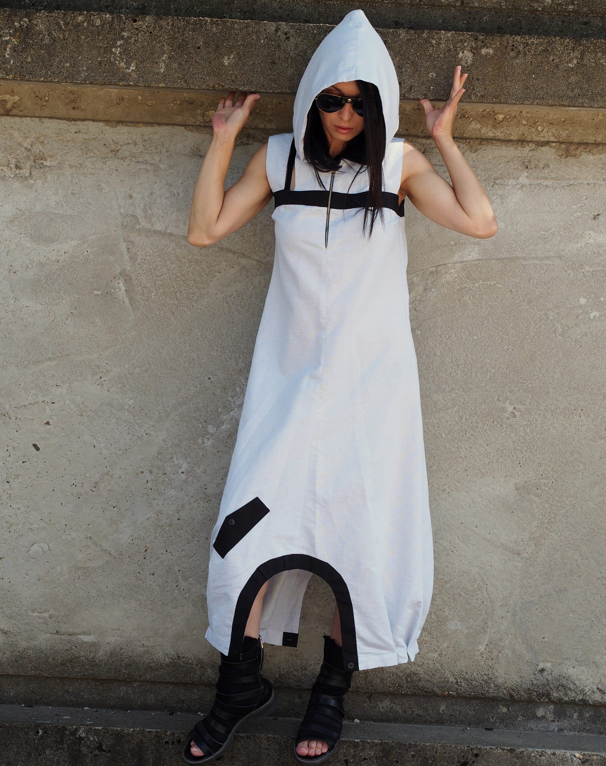 White Hooded Drop Crotch Dress Sleeveless Avant Garde