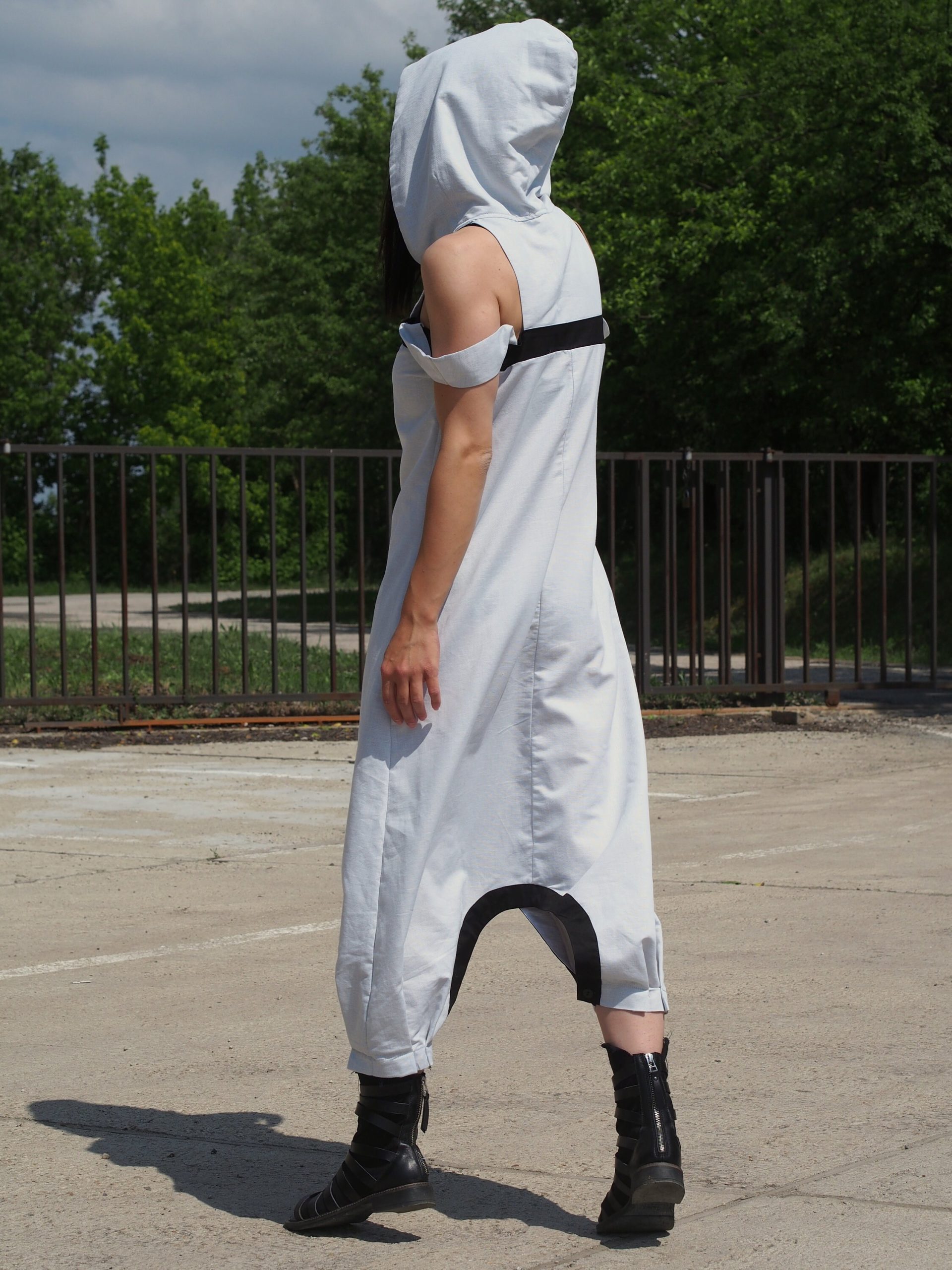 White Hooded Drop Crotch Dress Sleeveless Avant Garde