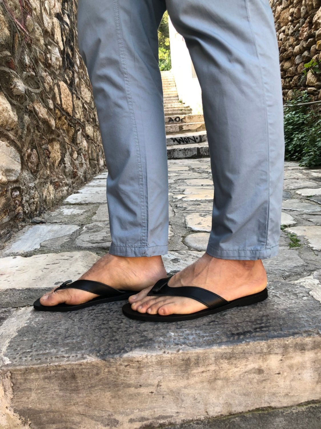 Mens Sandals Leather Flip Flops Handmade Black Summer