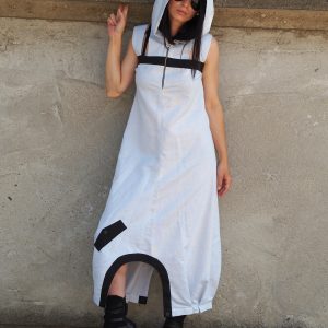 White Hooded Drop Crotch Dress Sleeveless Avant Garde