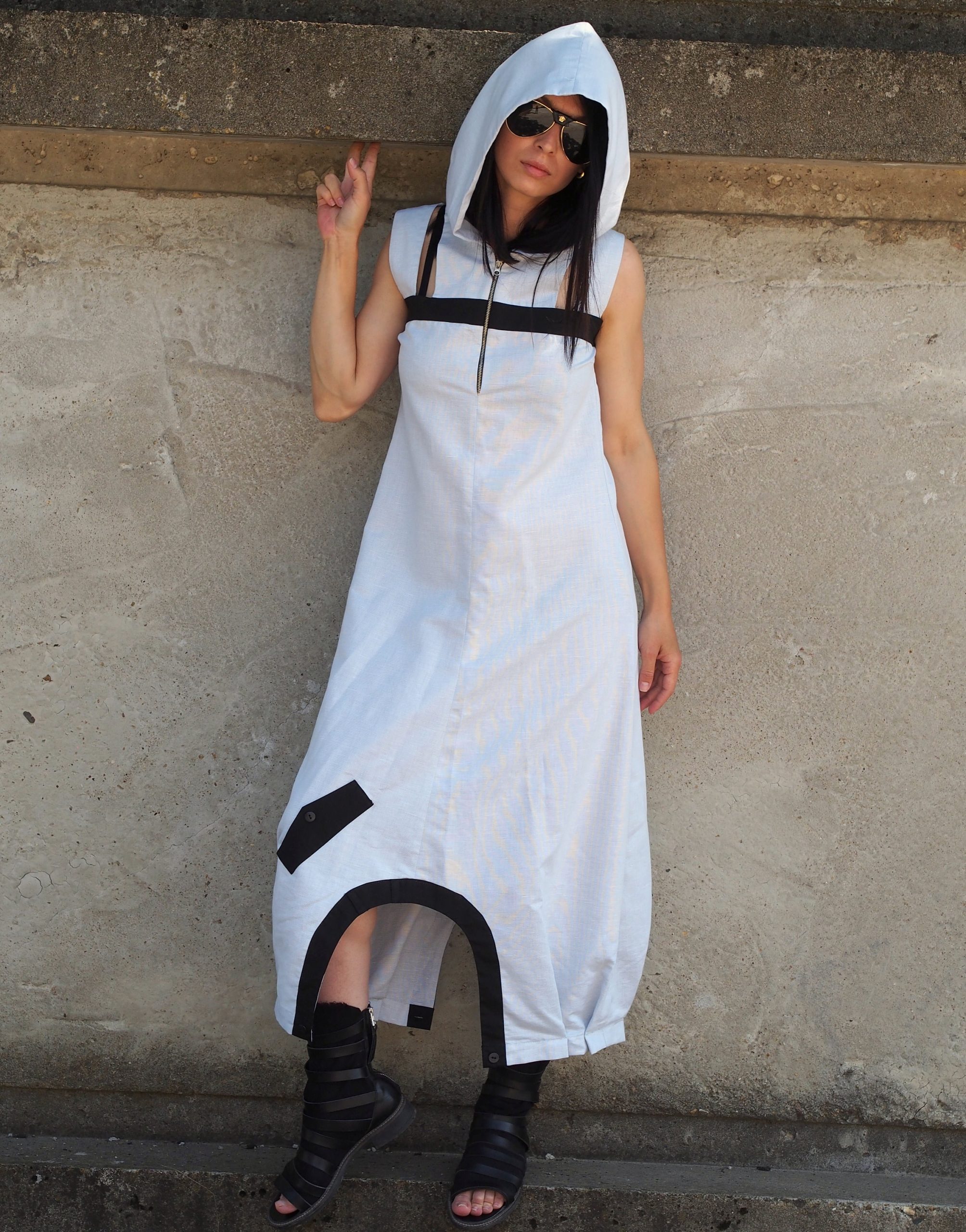 White Hooded Drop Crotch Dress Sleeveless Avant Garde