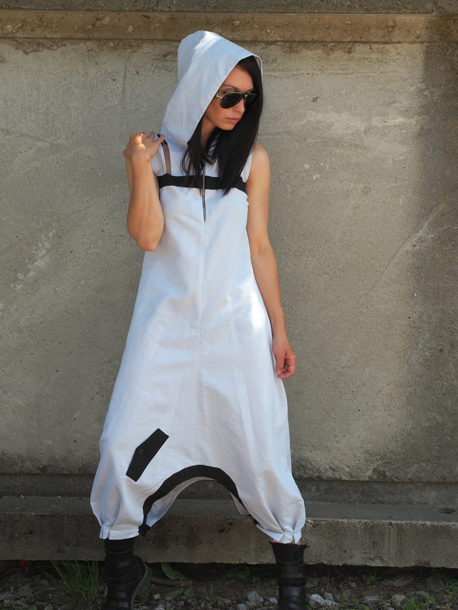 White Hooded Drop Crotch Dress Sleeveless Avant Garde