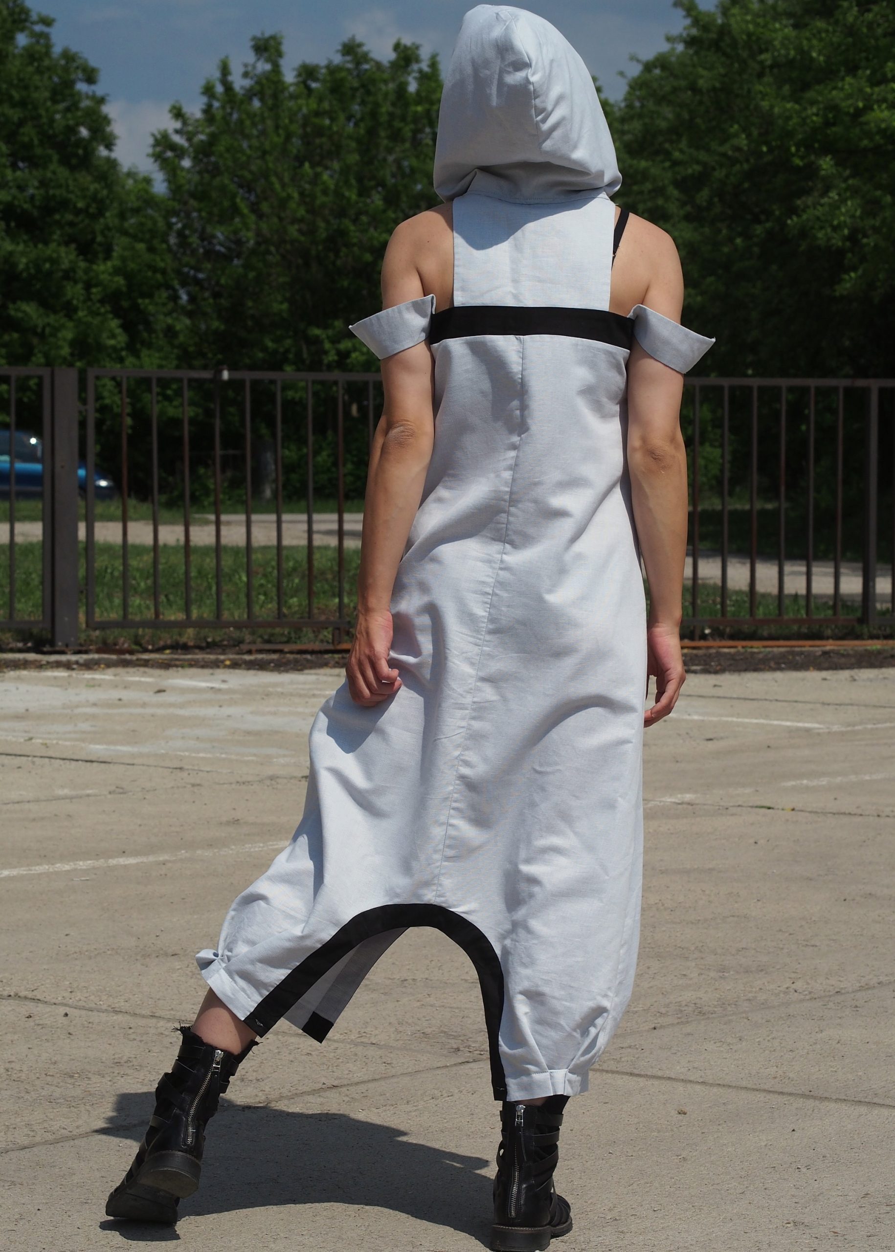 White Hooded Drop Crotch Dress Sleeveless Avant Garde