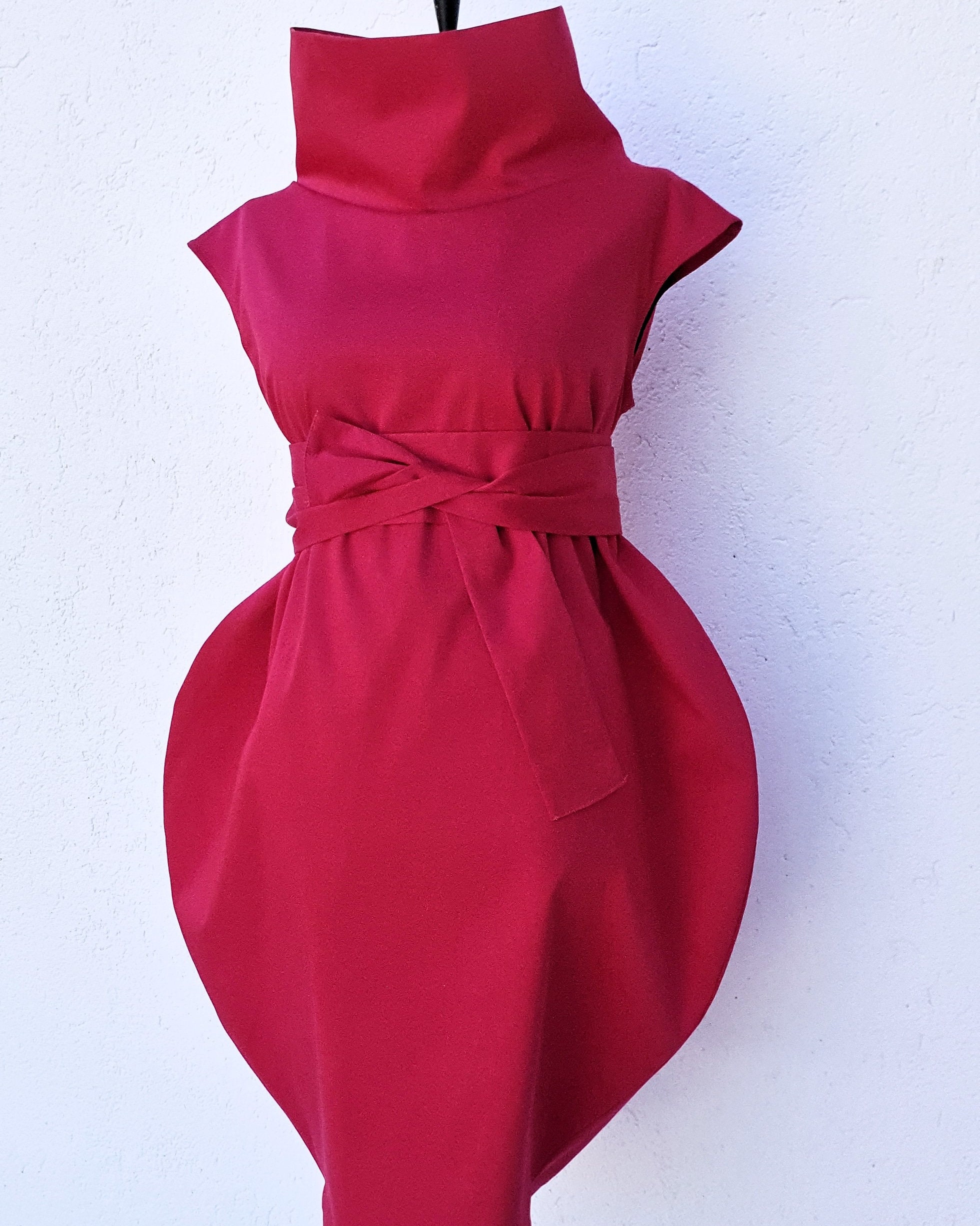 Bold Red Avant Garde Cocoon Dress With Belt