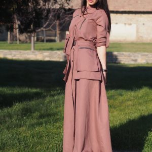 Utility Style Belted Shirt Dress Long Button Down