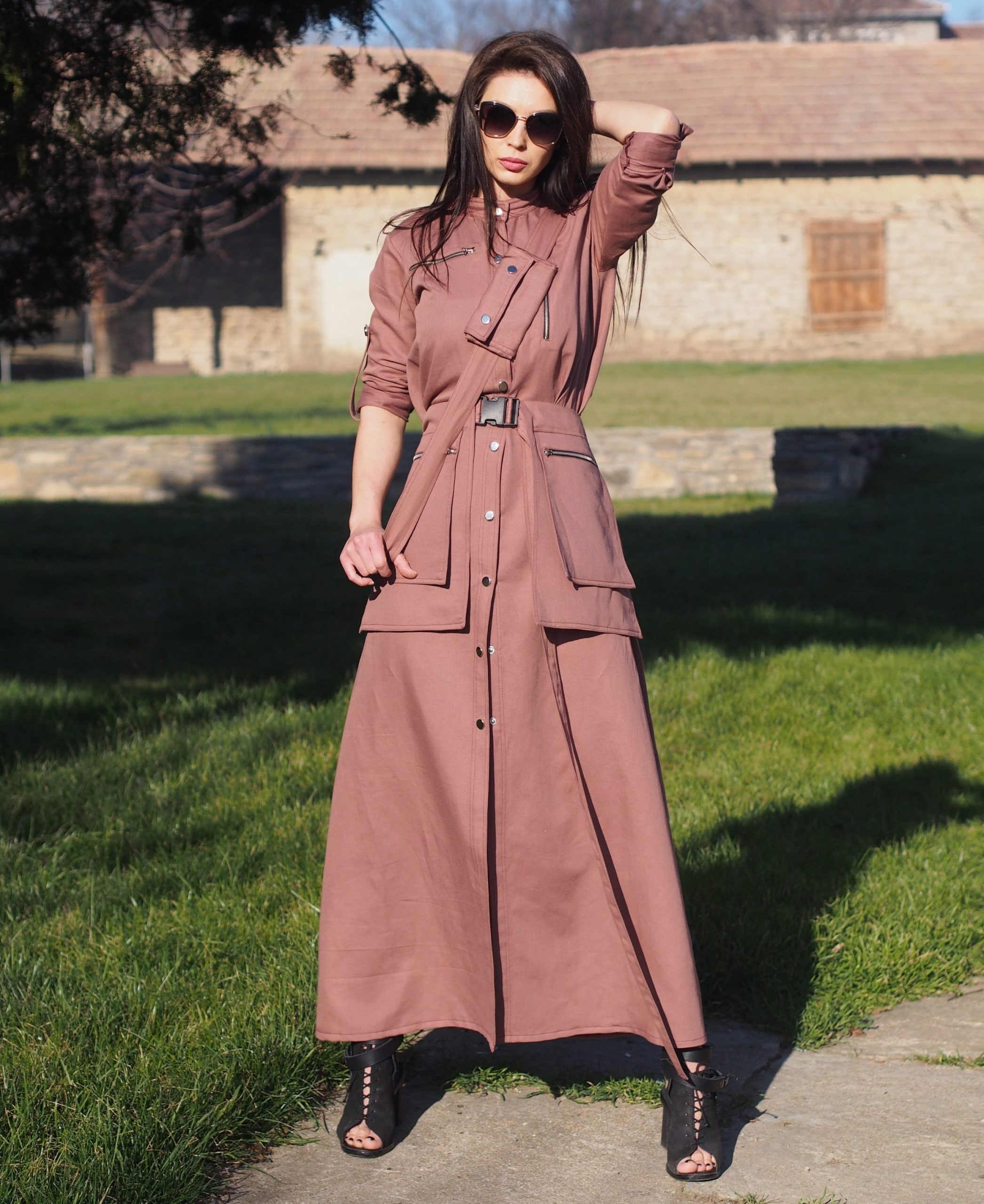 Utility Style Belted Shirt Dress Long Button Down