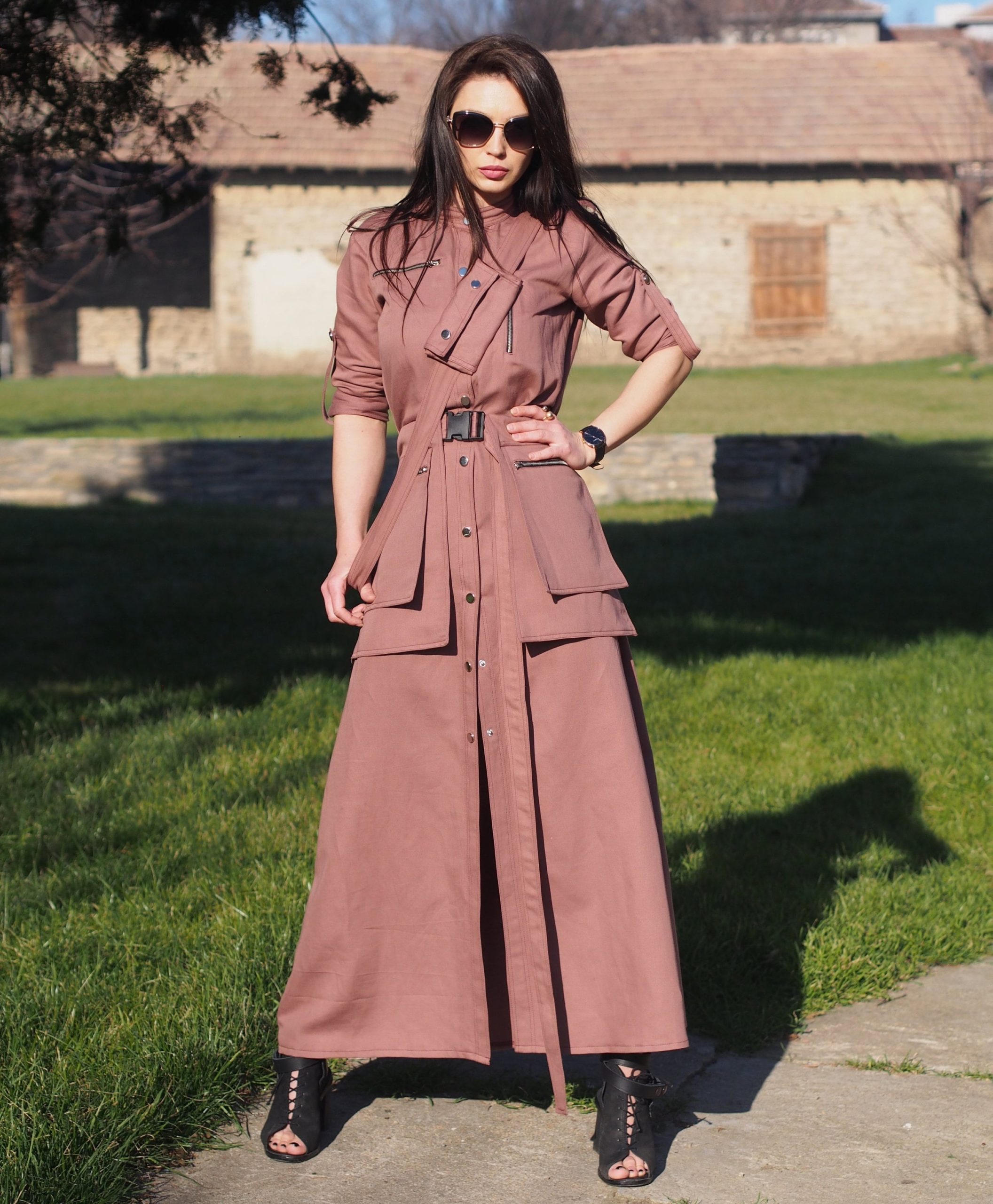 Utility Style Belted Shirt Dress Long Button Down