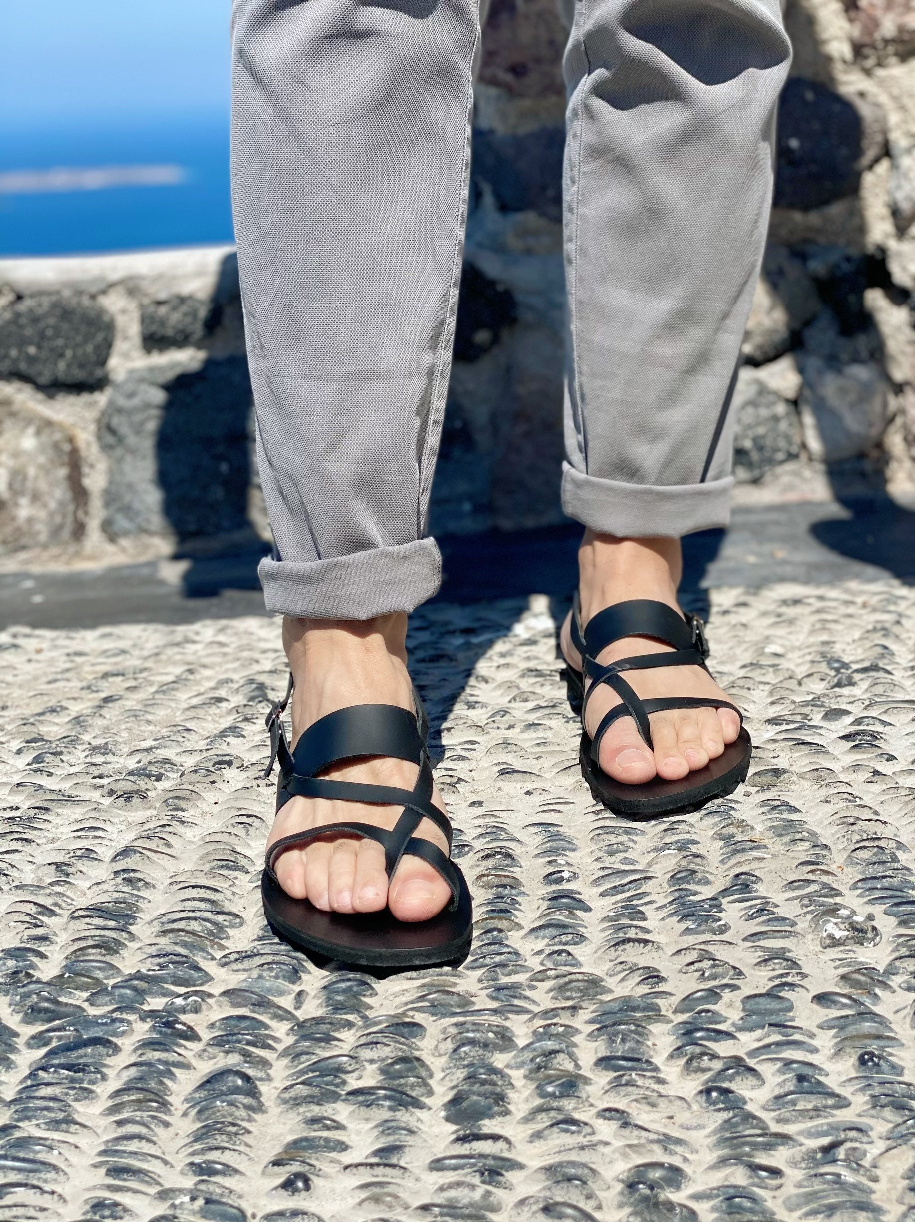 Black Leather Sandals Men Greek Gladiator Mens Slingbacks