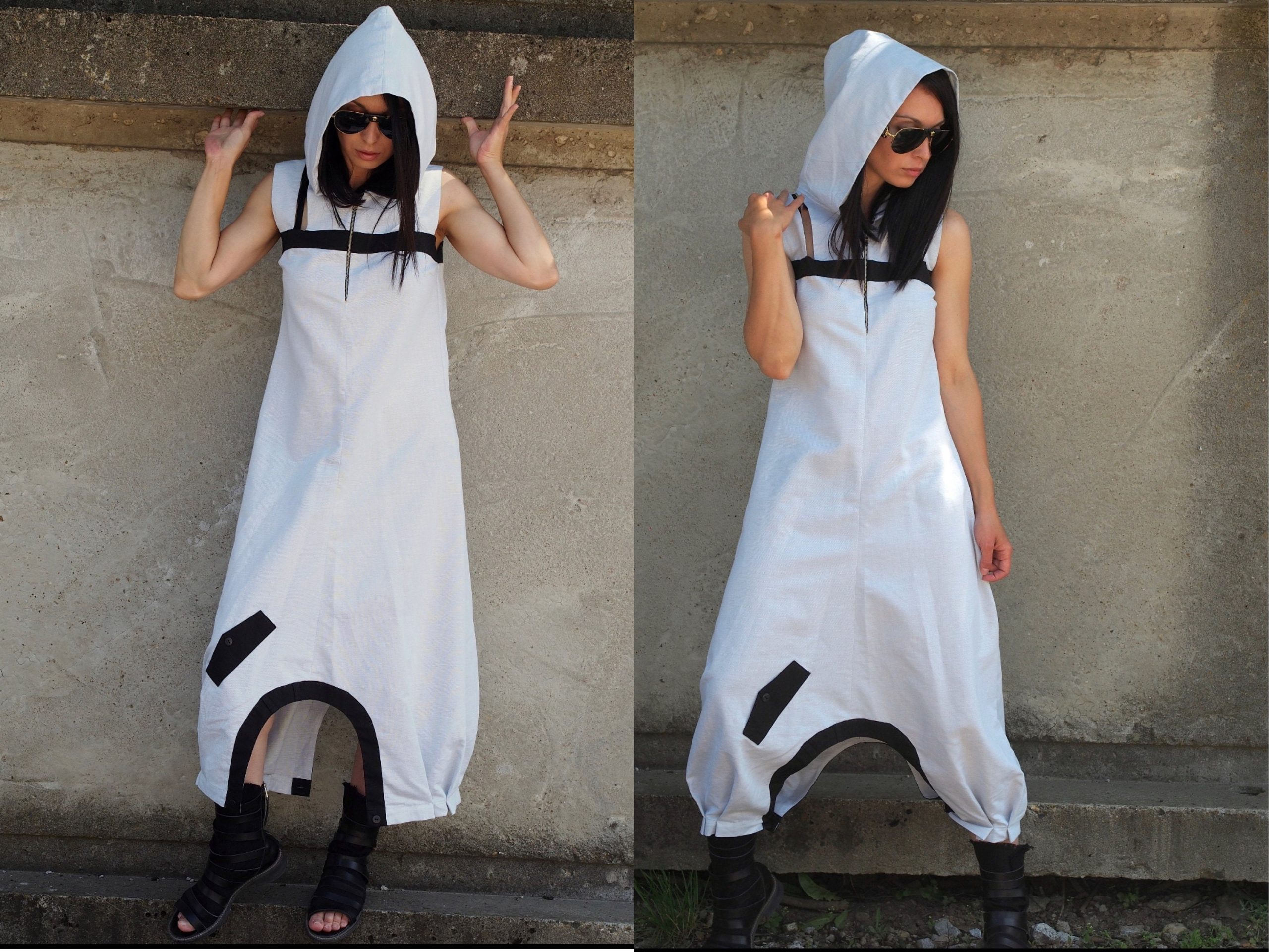 White Hooded Drop Crotch Dress Sleeveless Avant Garde