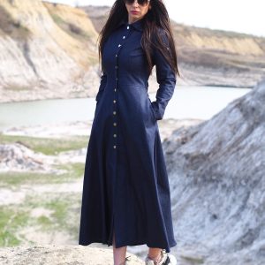 Navy Blue Denim Maxi Shirt Dress Long Button