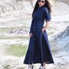 Navy Blue Denim Maxi Shirt Dress Long Button