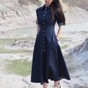 Navy Blue Denim Maxi Shirt Dress Long Button