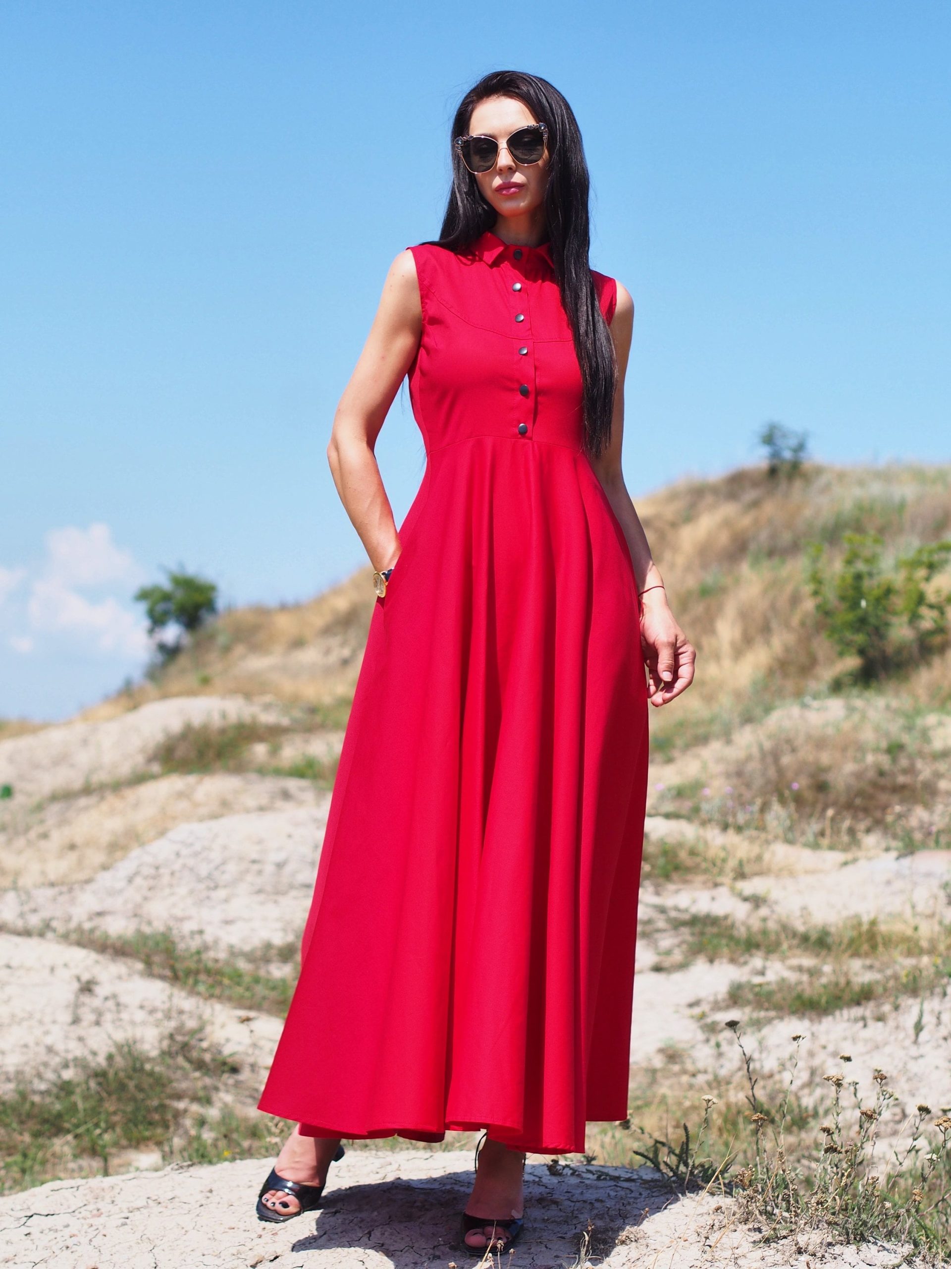 Sleeveless Red Shirt Dress Elegant Collared Maxi With