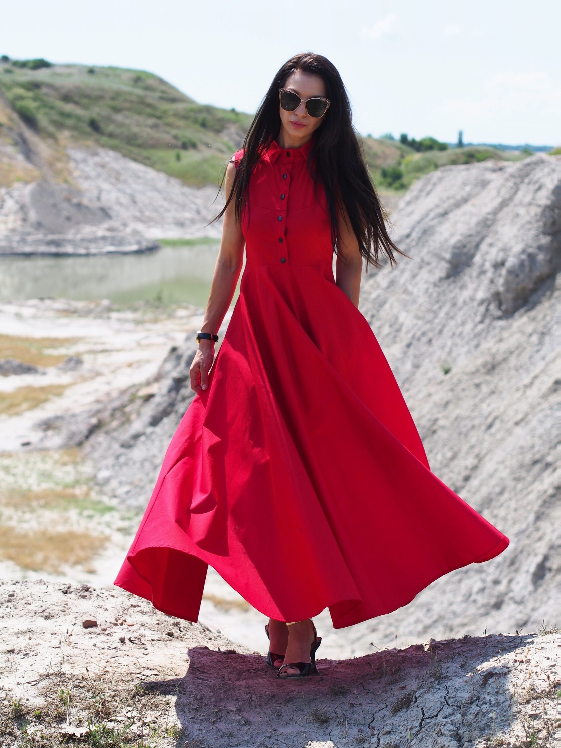 Sleeveless Red Shirt Dress Elegant Collared Maxi With