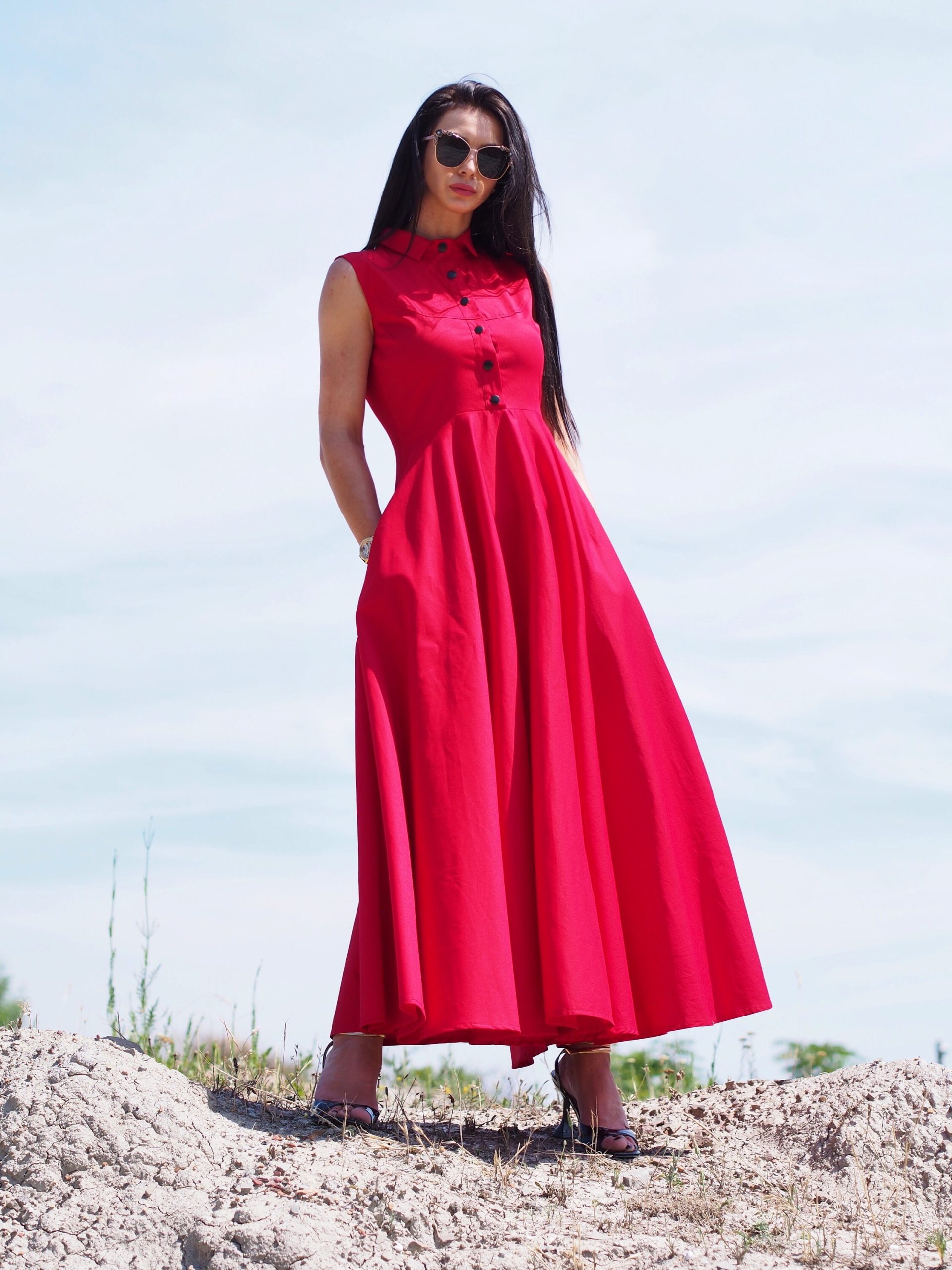 Sleeveless Red Shirt Dress Elegant Collared Maxi With
