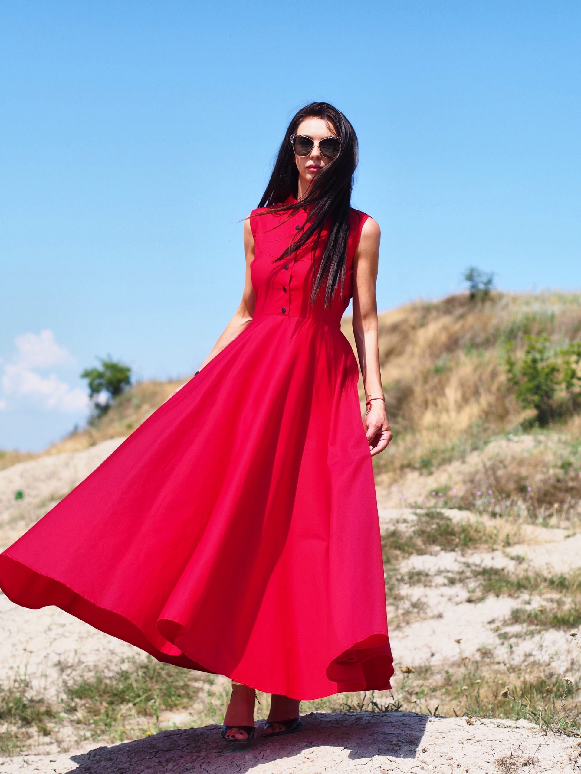Sleeveless Red Shirt Dress Elegant Collared Maxi With