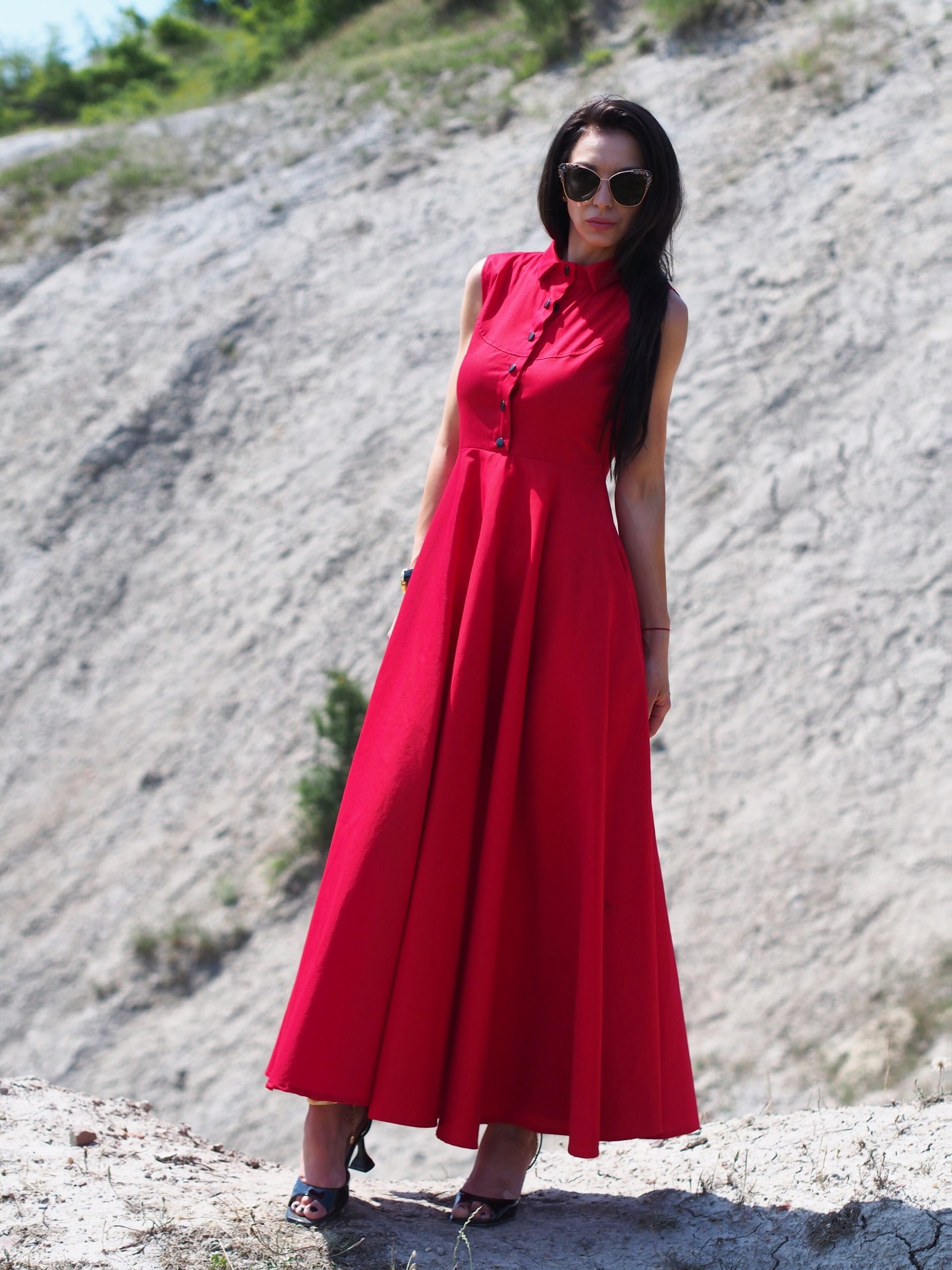 Sleeveless Red Shirt Dress Elegant Collared Maxi With