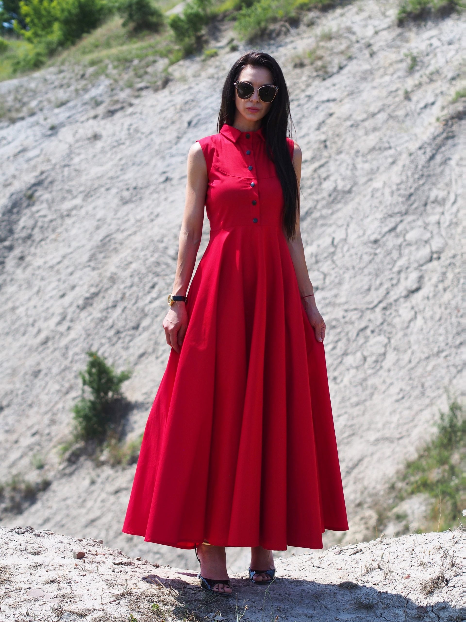 Sleeveless Red Shirt Dress Elegant Collared Maxi With