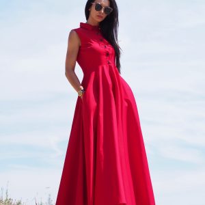 Sleeveless Red Shirt Dress Elegant Collared Maxi With
