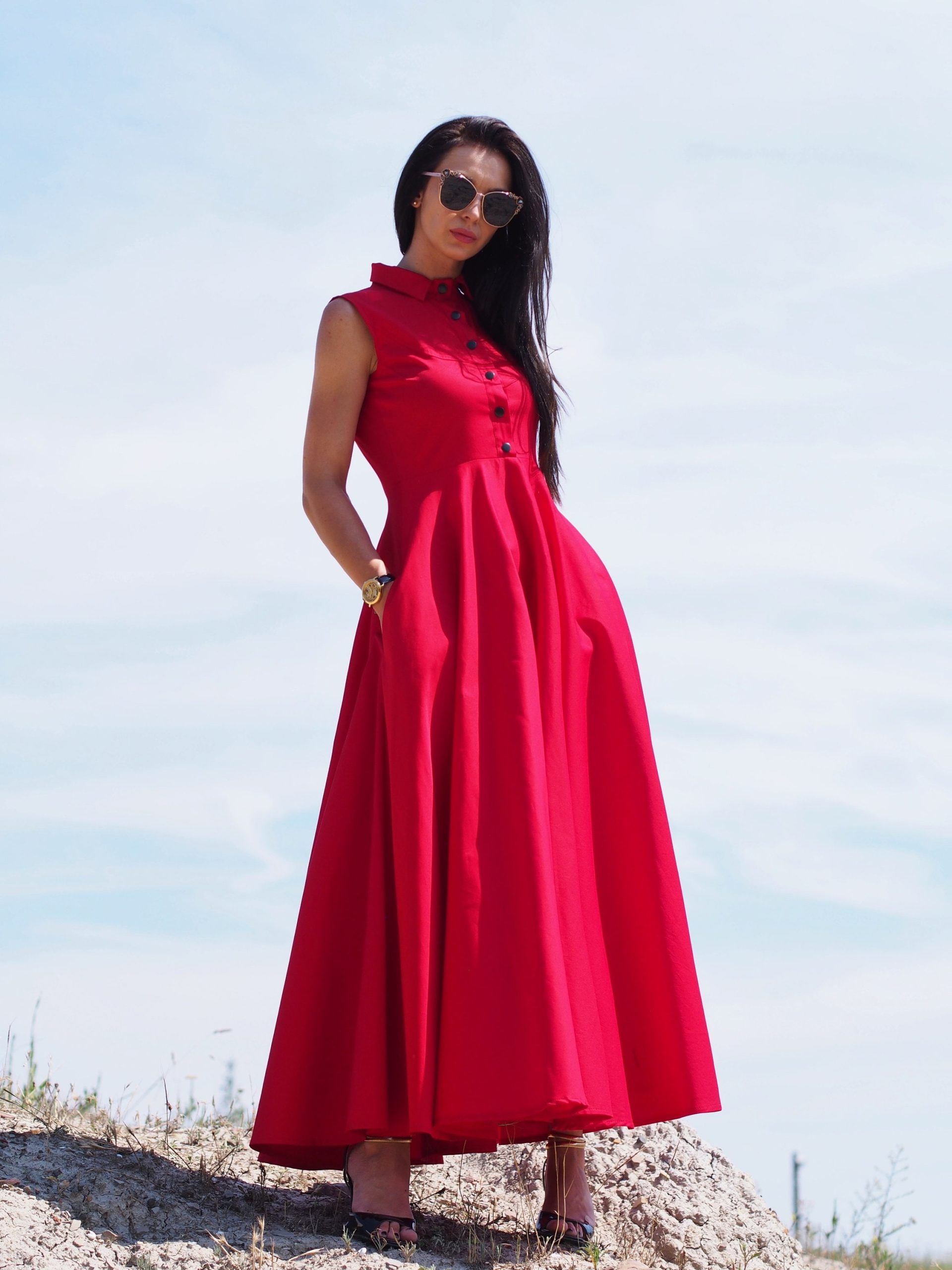 Sleeveless Red Shirt Dress Elegant Collared Maxi With