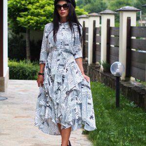 Print Flared Shirt Dress With Sleeves Casual Button