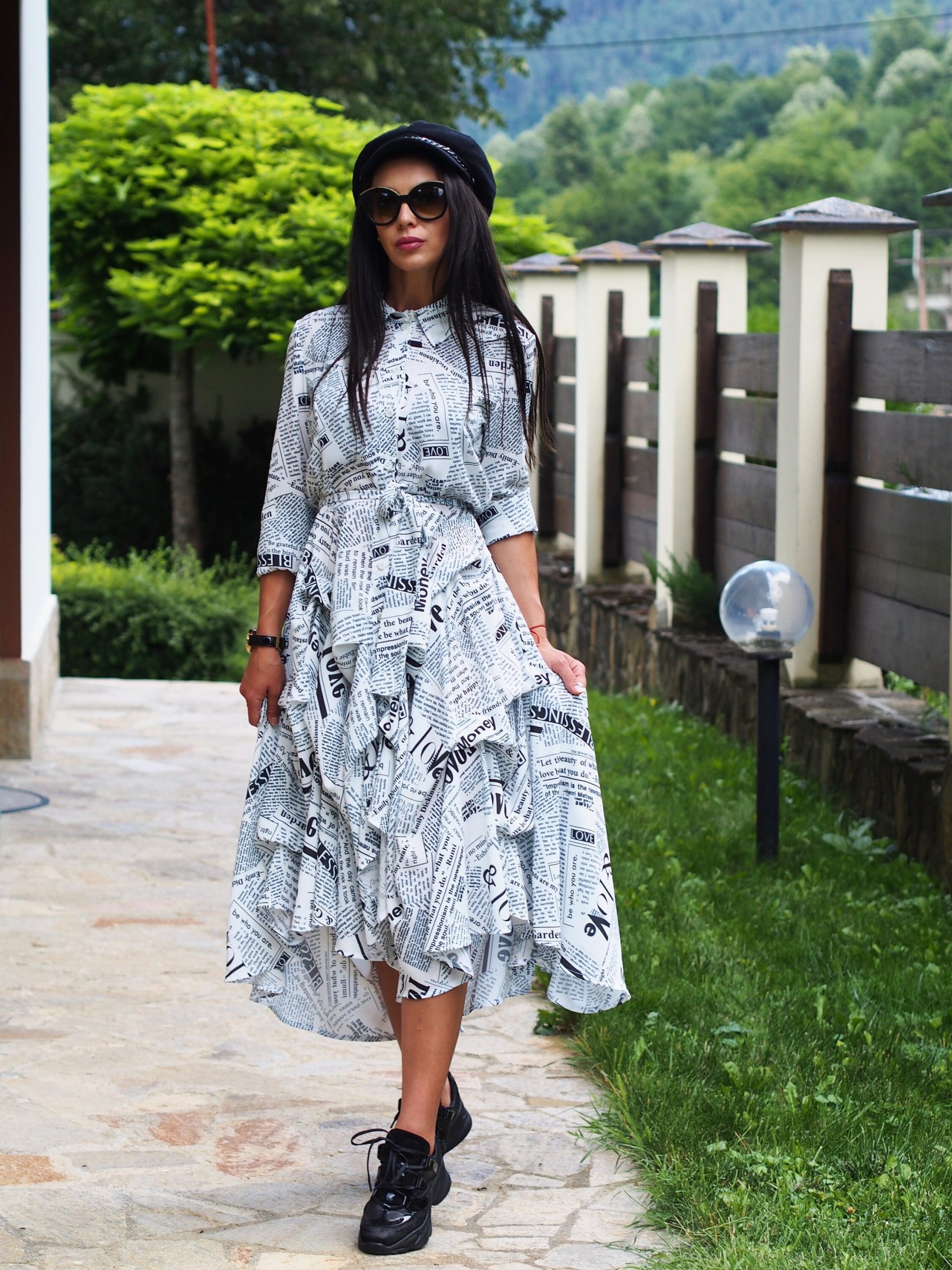 Print Flared Shirt Dress With Sleeves Casual Button