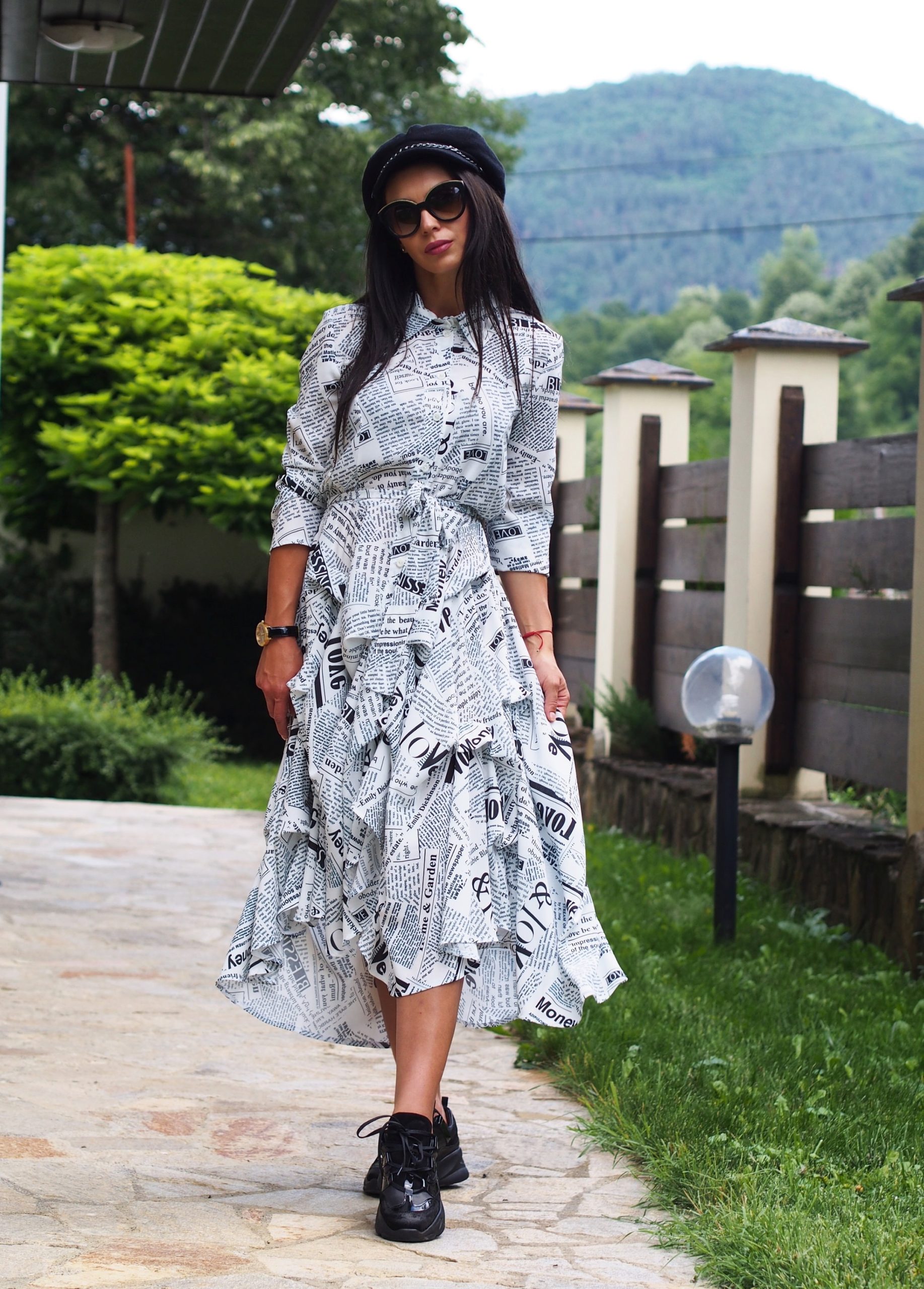 Print Flared Shirt Dress With Sleeves Casual Button