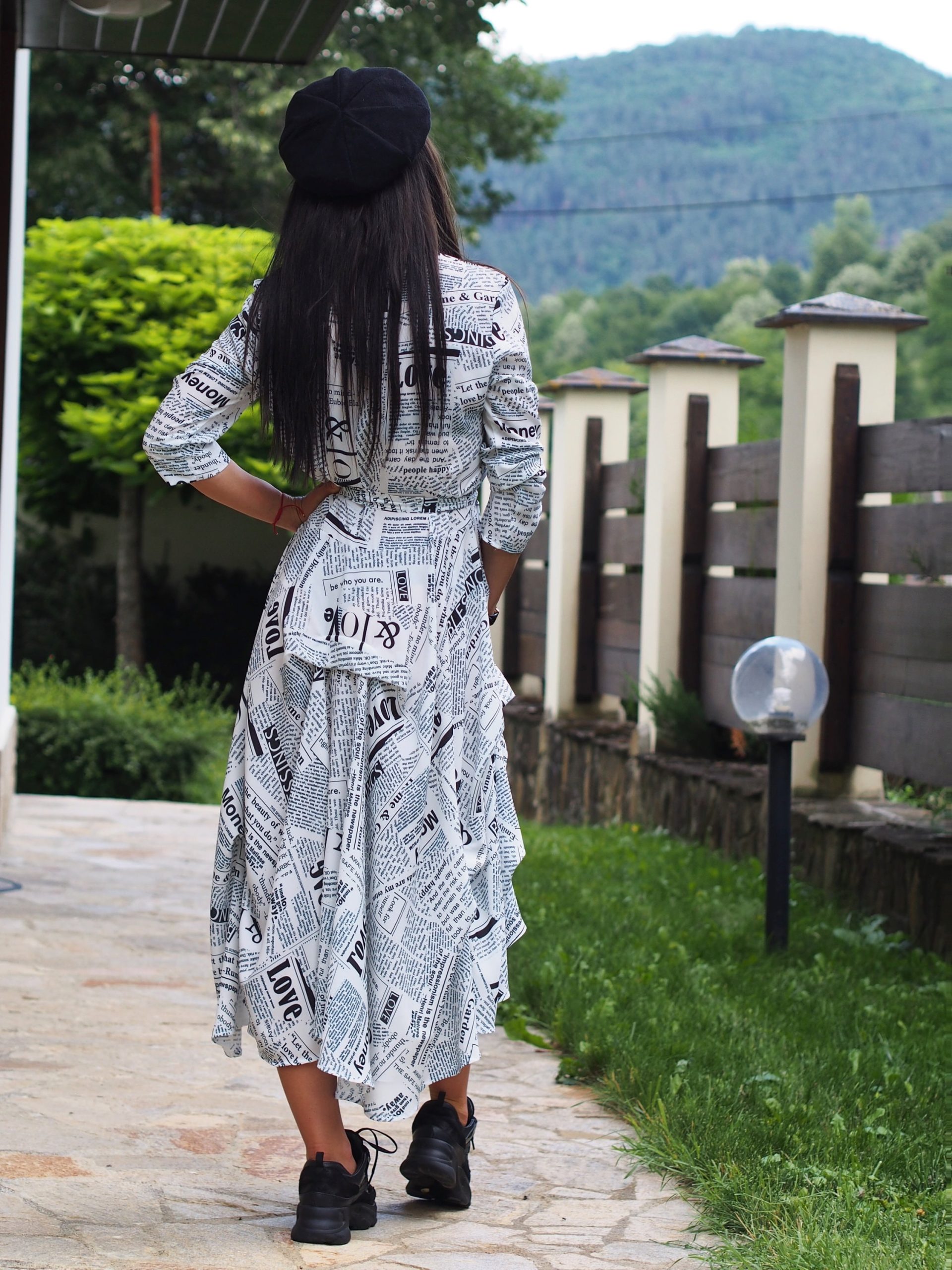 Print Flared Shirt Dress With Sleeves Casual Button