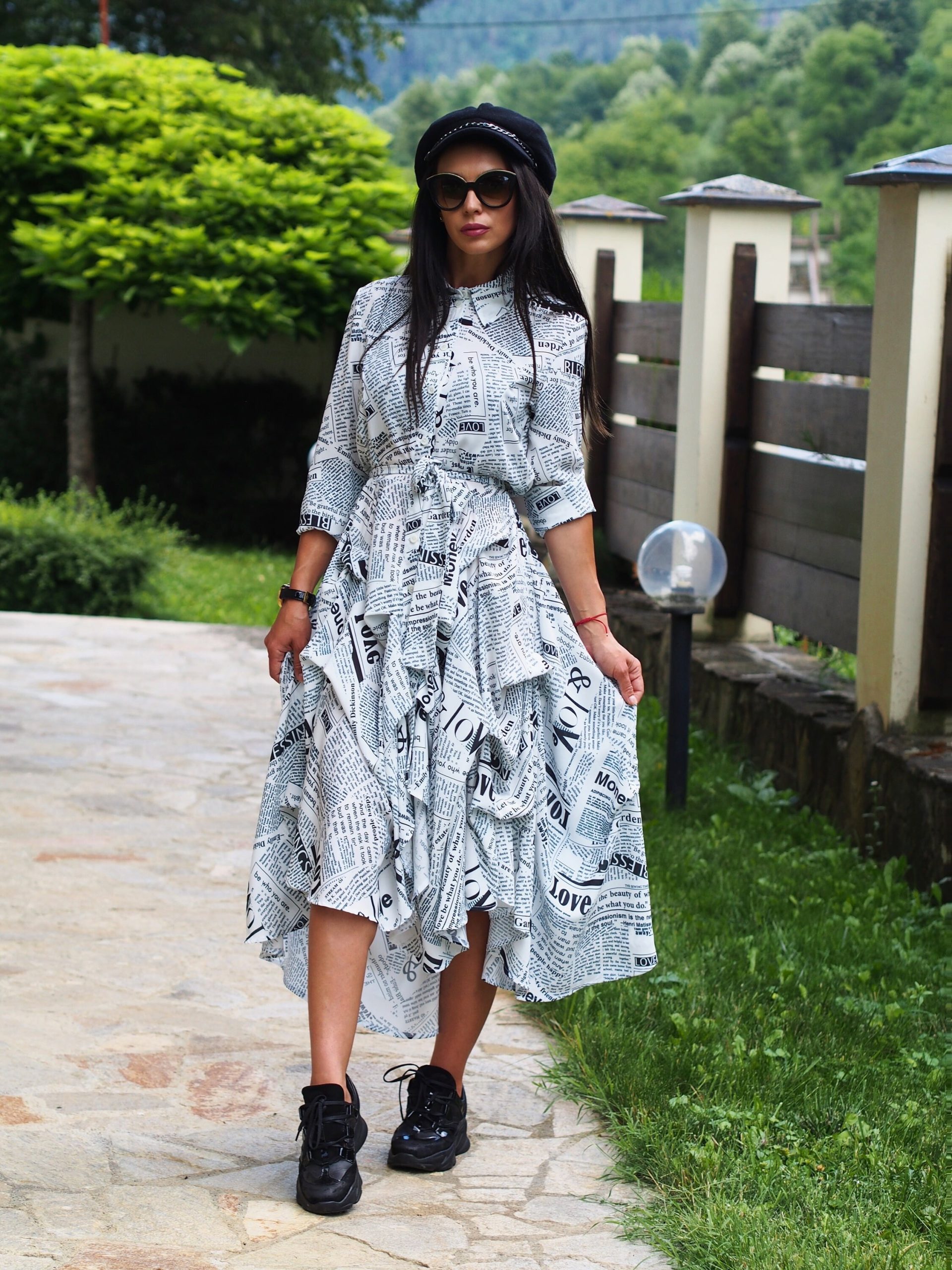 Print Flared Shirt Dress With Sleeves Casual Button