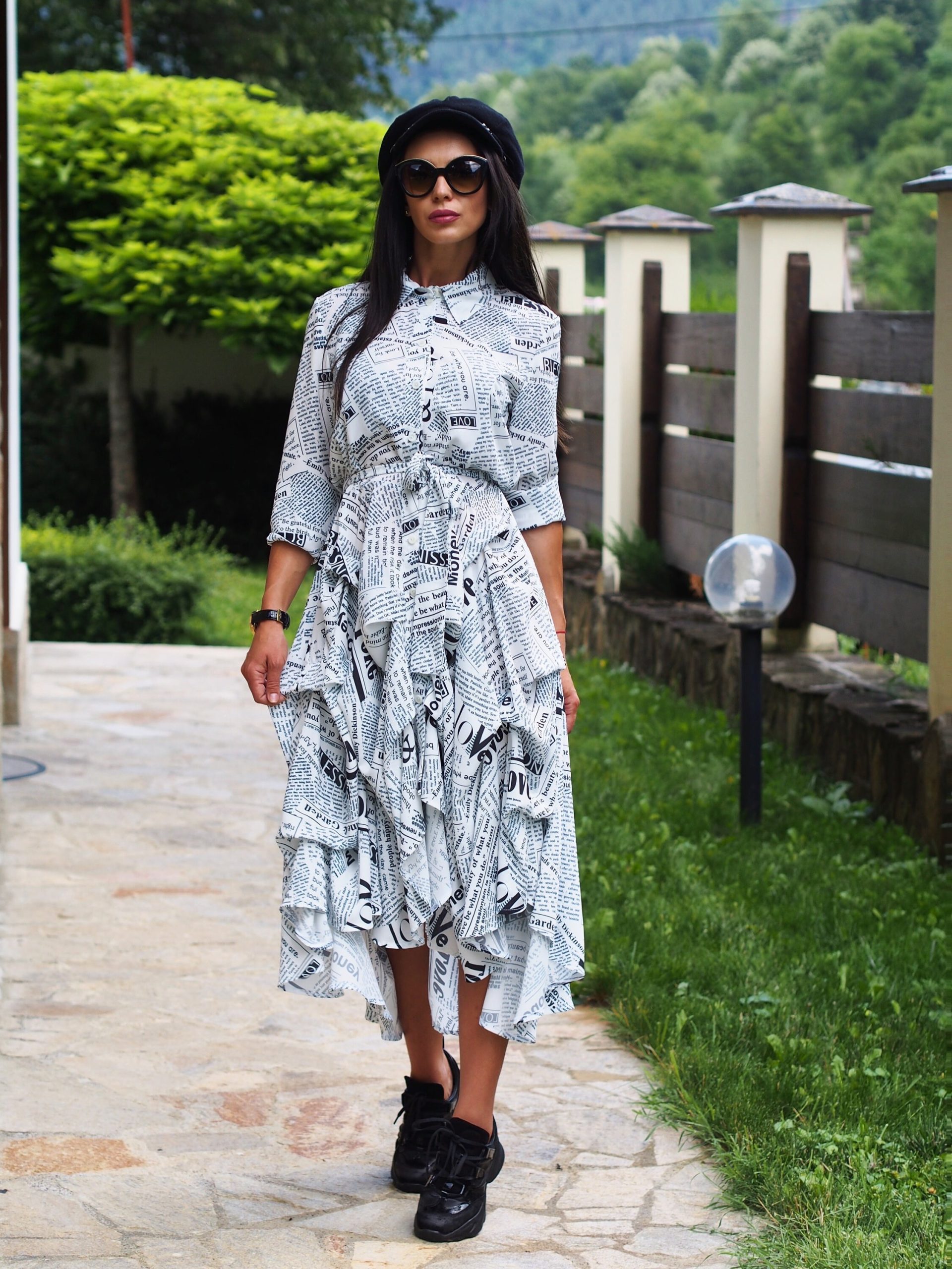 Print Flared Shirt Dress With Sleeves Casual Button