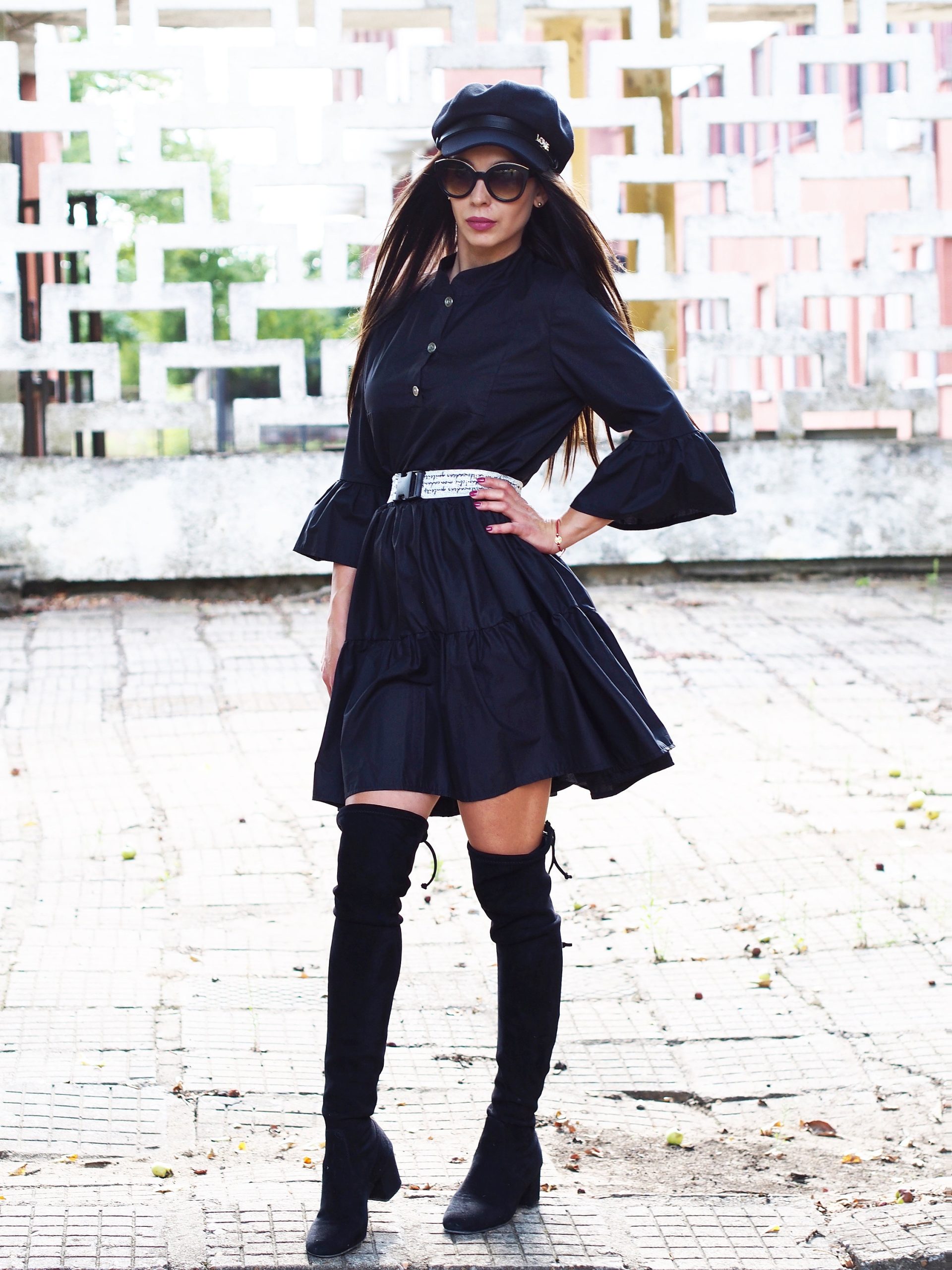 Black Cotton Shirt Dress With Belt Ruffle Long