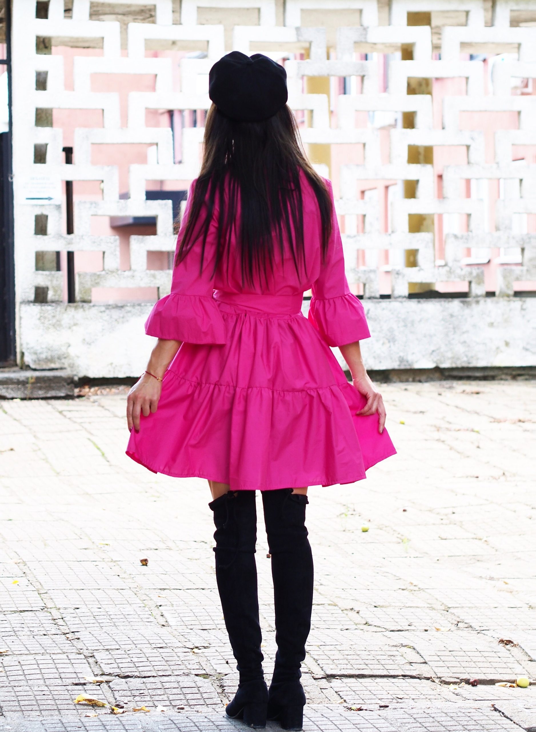 Black Cotton Shirt Dress With Belt Ruffle Long