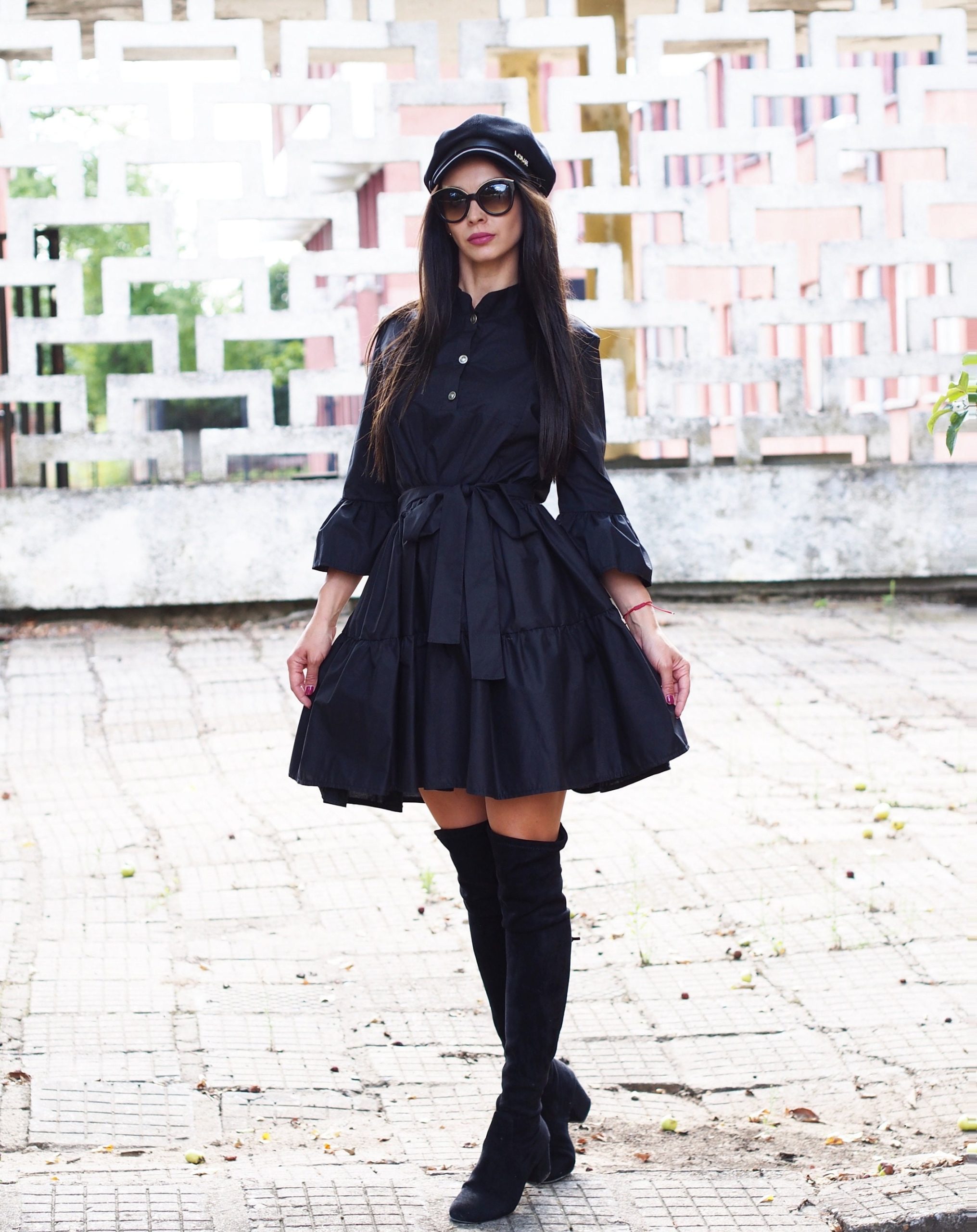 Black Cotton Shirt Dress With Belt Ruffle Long