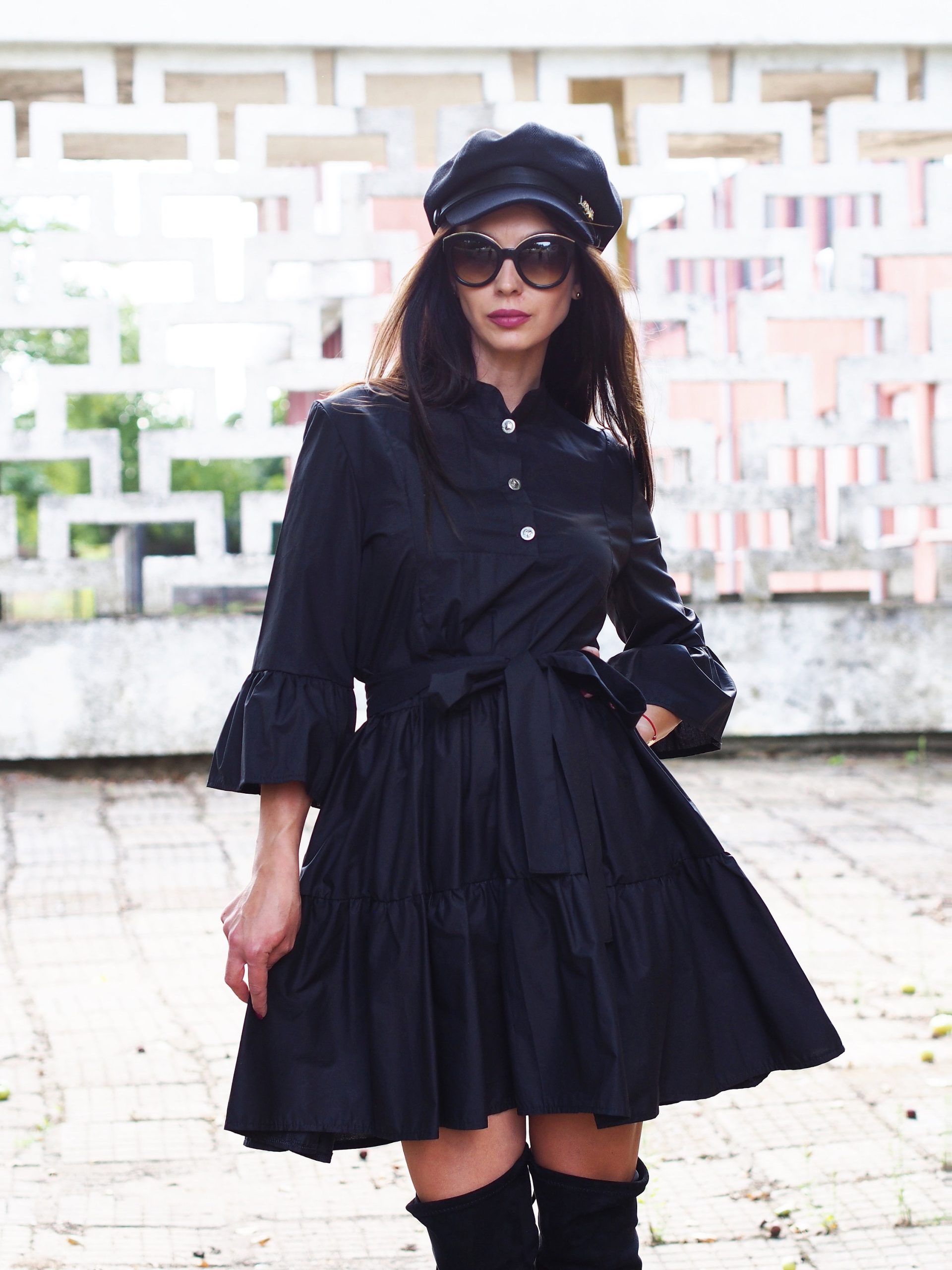 Black Cotton Shirt Dress With Belt Ruffle Long