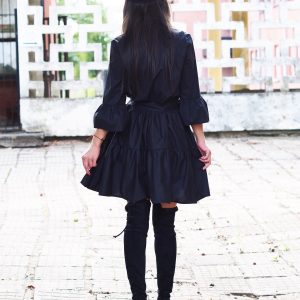 Black Cotton Shirt Dress With Belt Ruffle Long