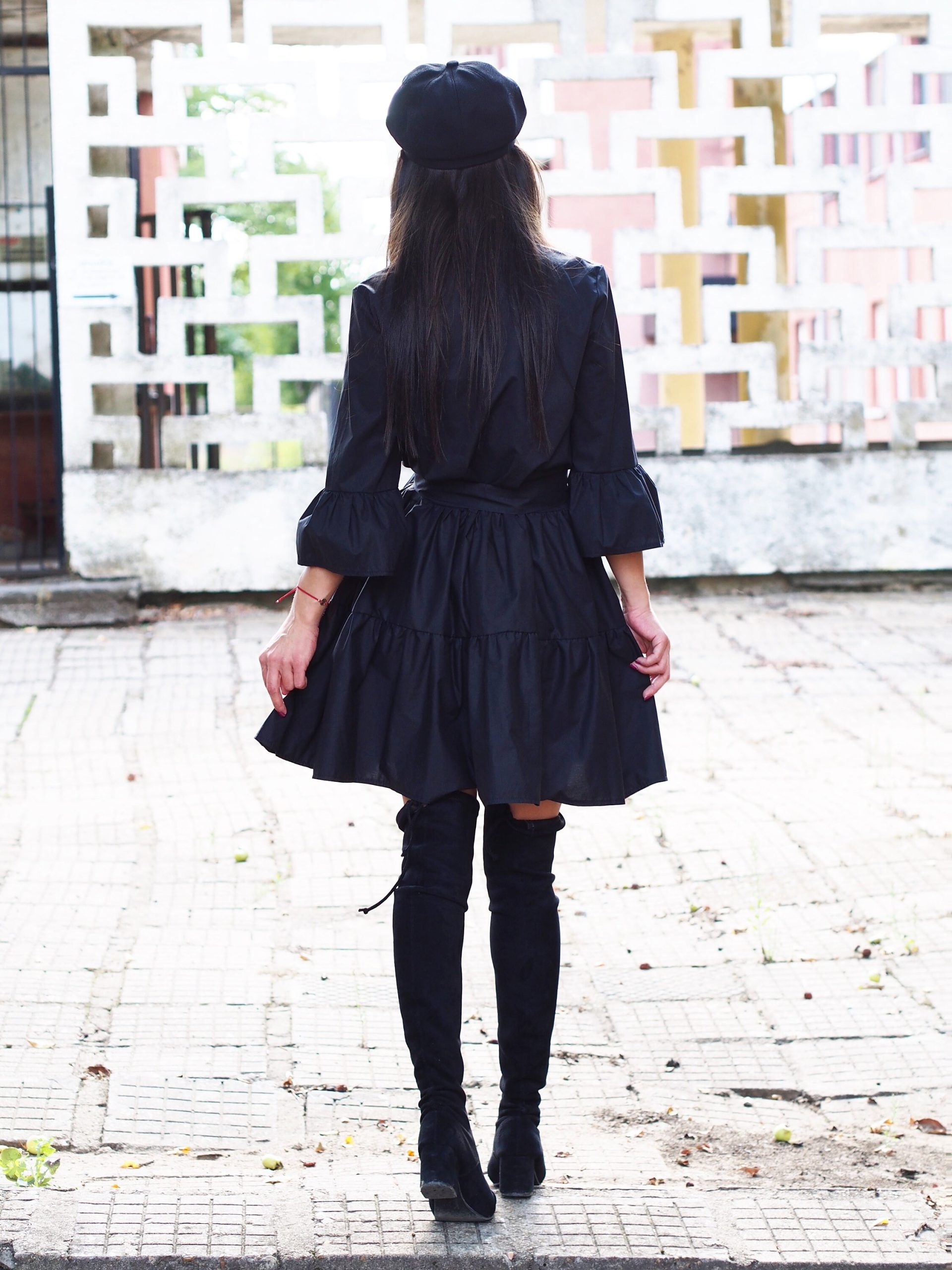 Black Cotton Shirt Dress With Belt Ruffle Long