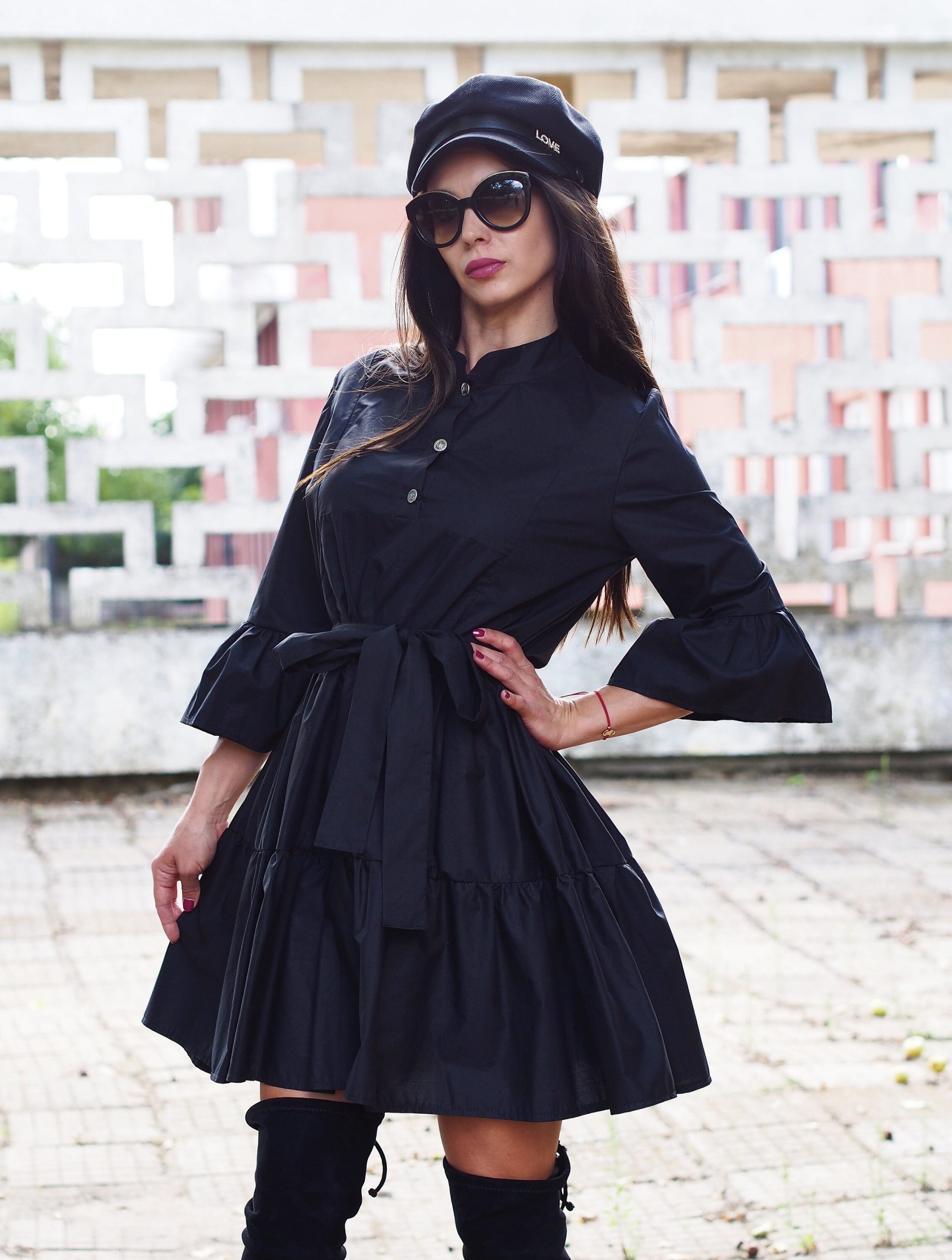 Black Cotton Shirt Dress With Belt Ruffle Long