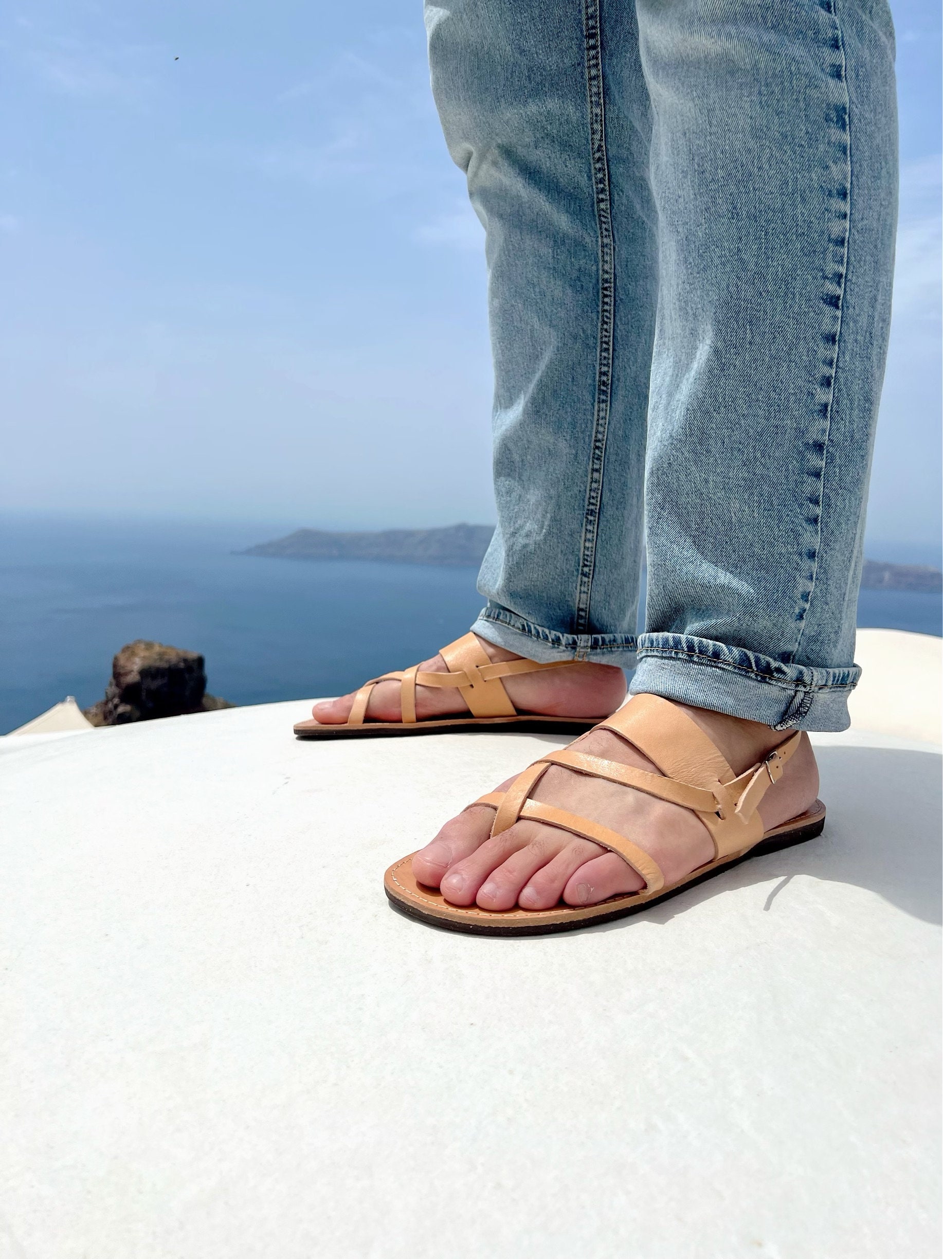 Black Leather Sandals Men Greek Gladiator Mens Slingbacks