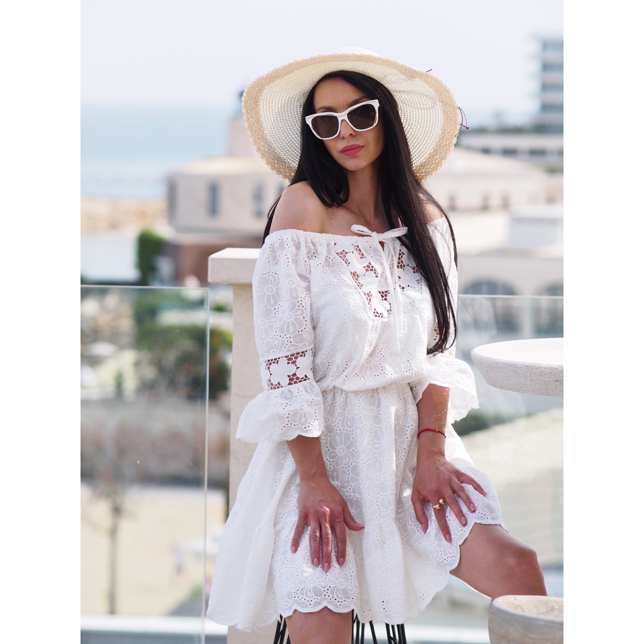 Boho White Off Shoulder Cotton Lace Dress Summer
